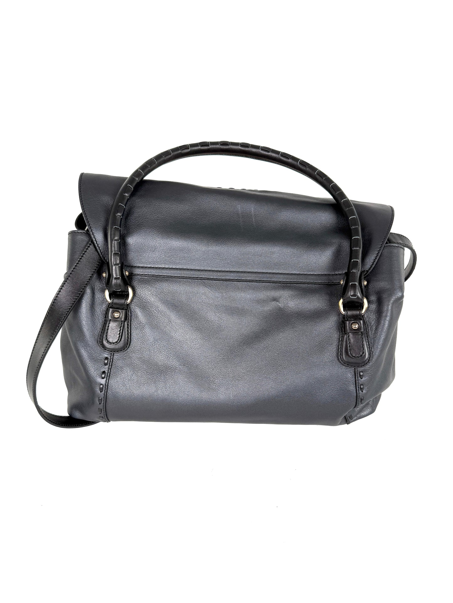 Salvatore Ferragamo Gancini Black Whipstitch Leather Top Handle Crossbody Tote Bag