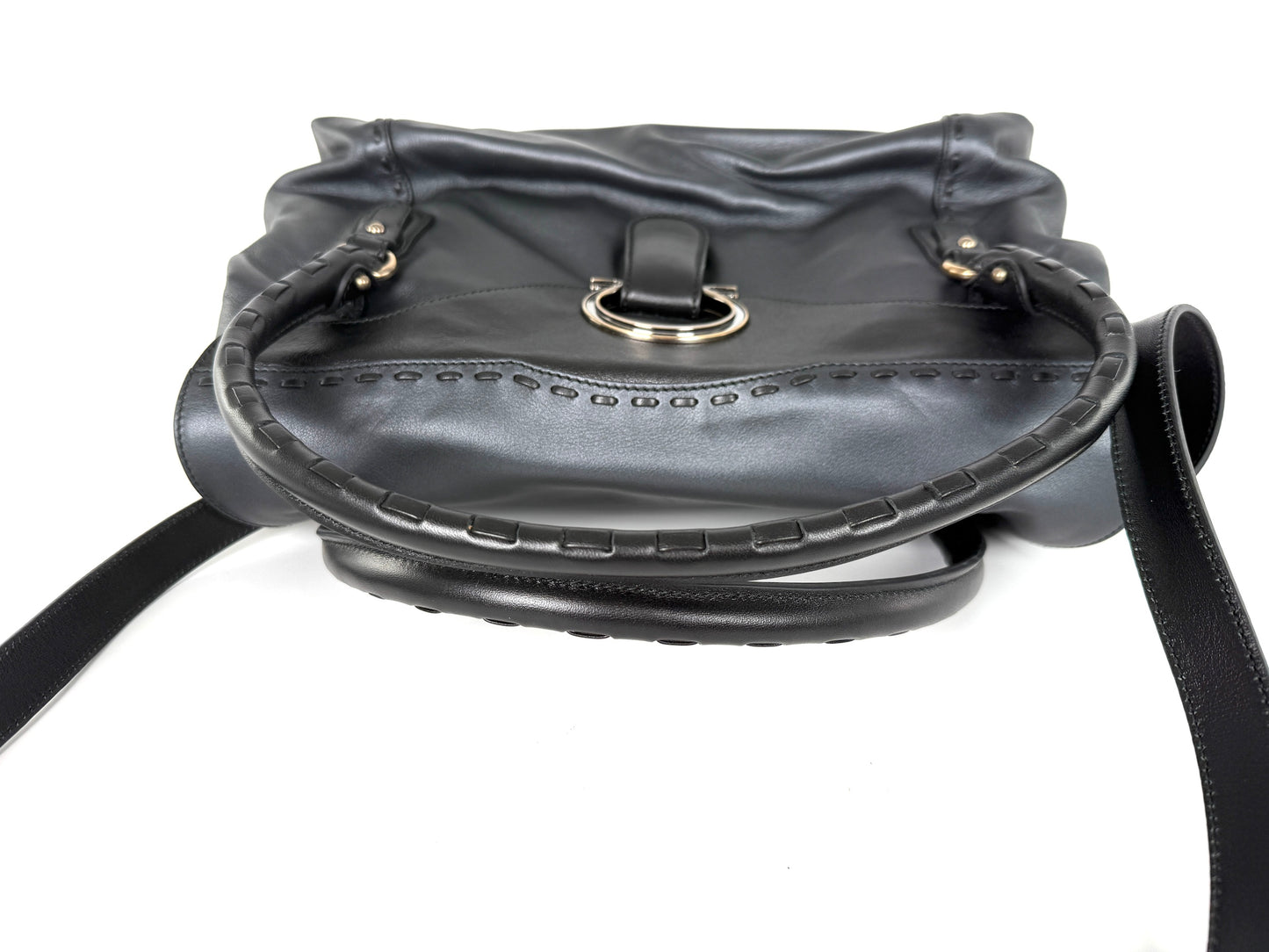 Salvatore Ferragamo Gancini Black Whipstitch Leather Top Handle Crossbody Tote Bag