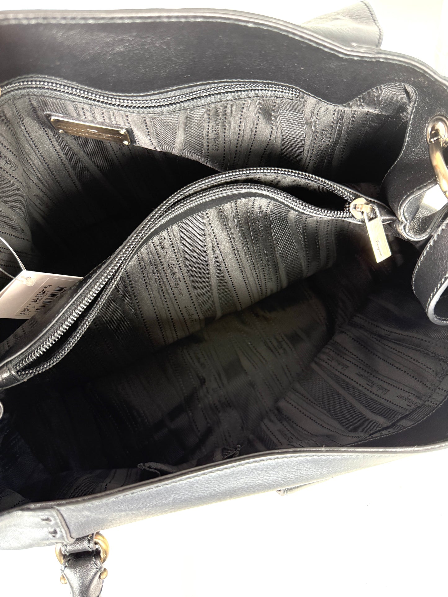 Salvatore Ferragamo Gancini Black Whipstitch Leather Top Handle Crossbody Tote Bag