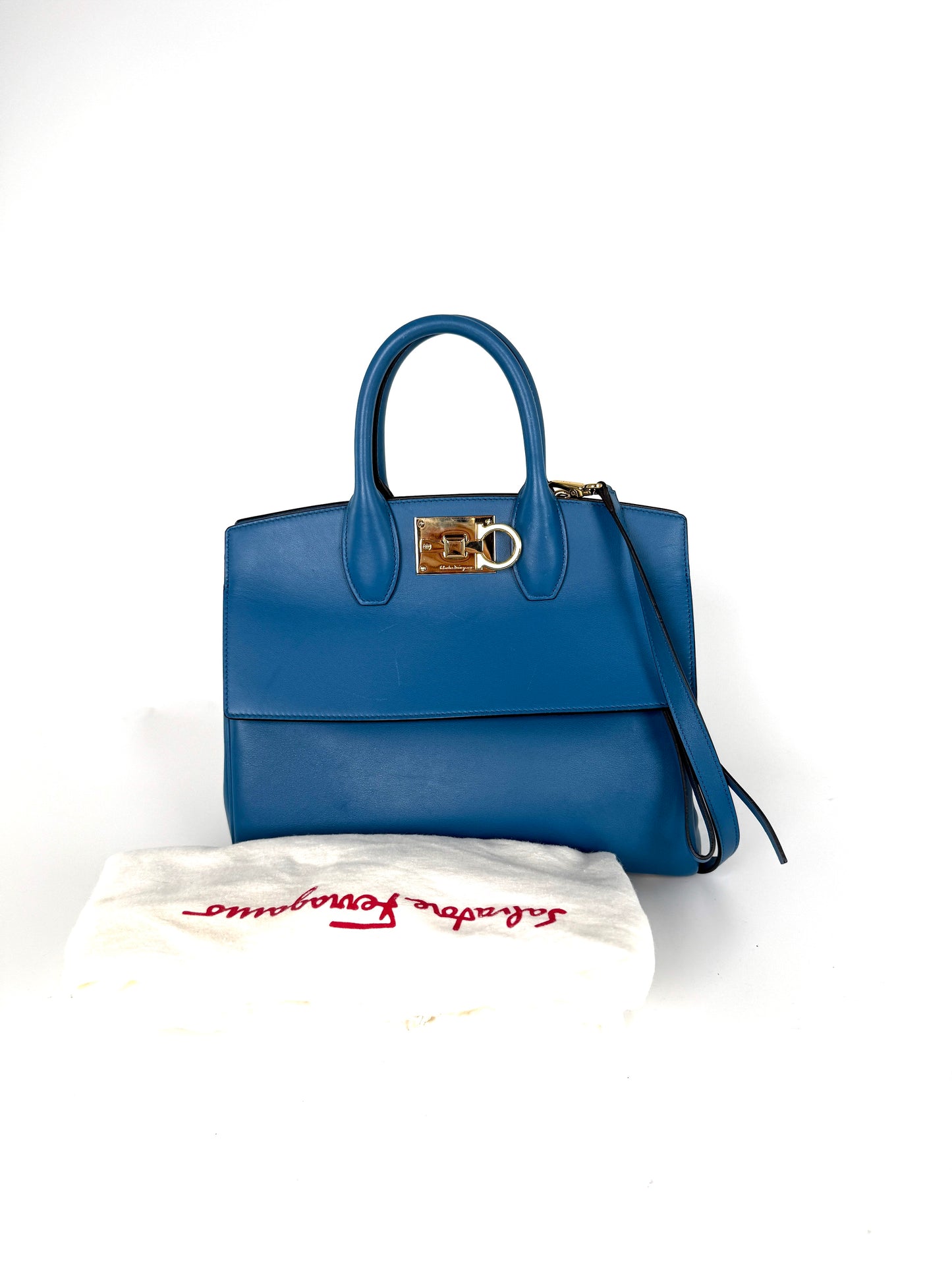 Salvatore Ferragamo Studio Gancini Blue Leather Top Handle Crossbody Tote Bag