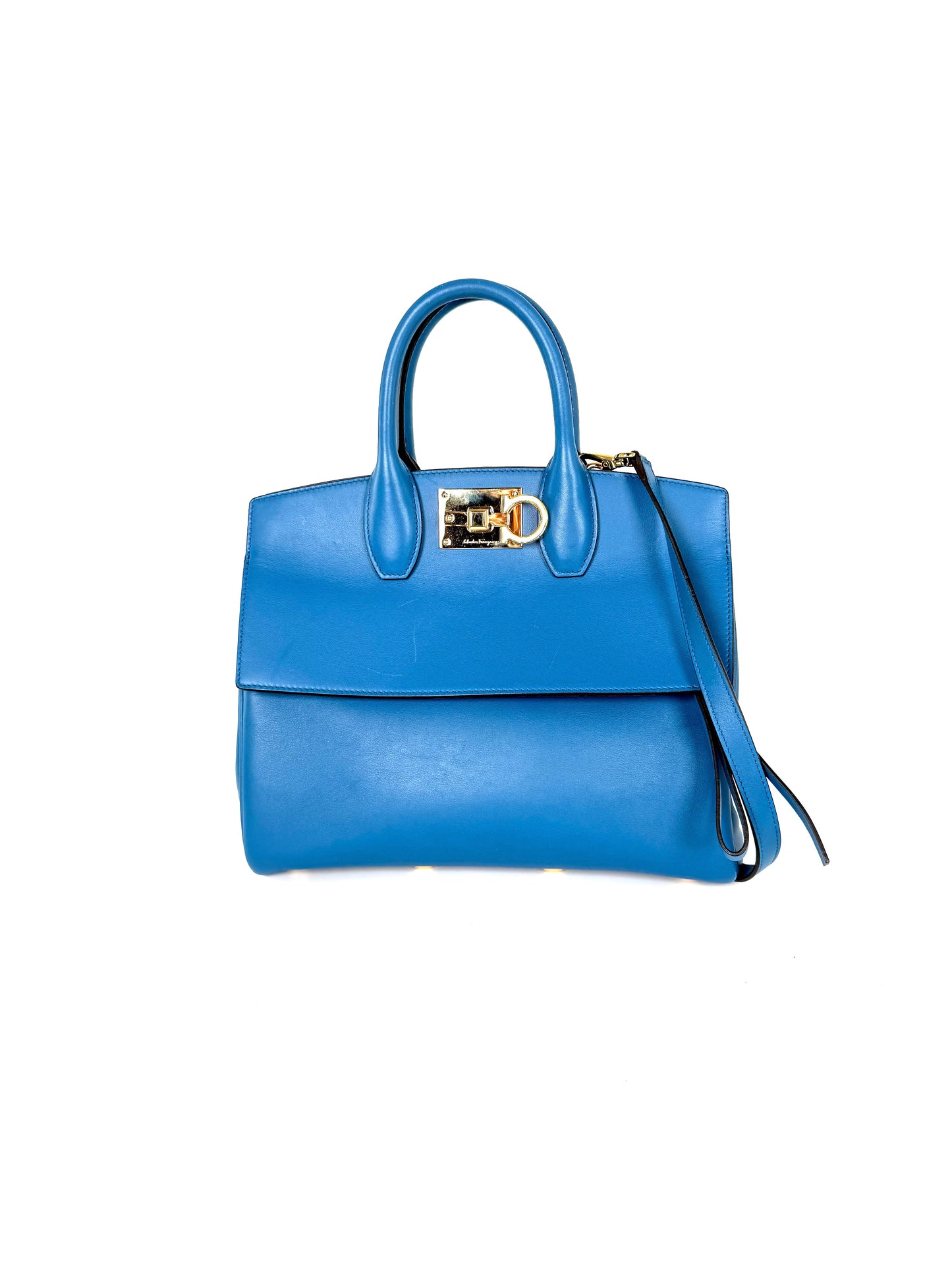 Salvatore Ferragamo Studio Gancini Blue Leather Top Handle Crossbody Tote Bag