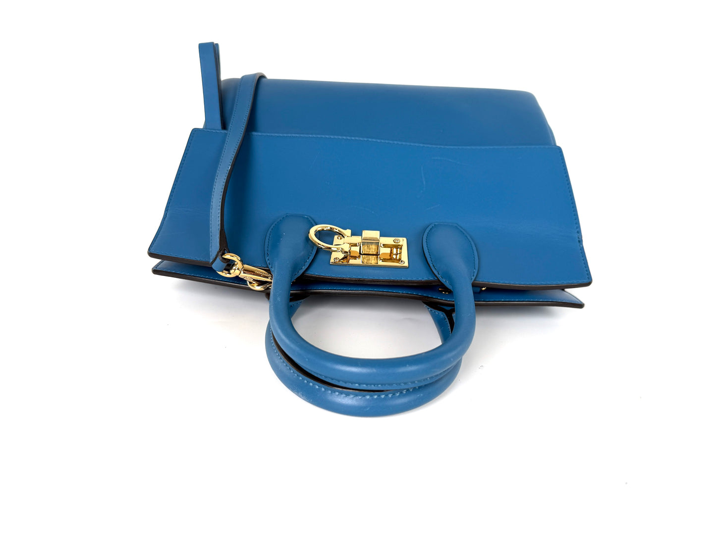 Salvatore Ferragamo Studio Gancini Blue Leather Top Handle Crossbody Tote Bag