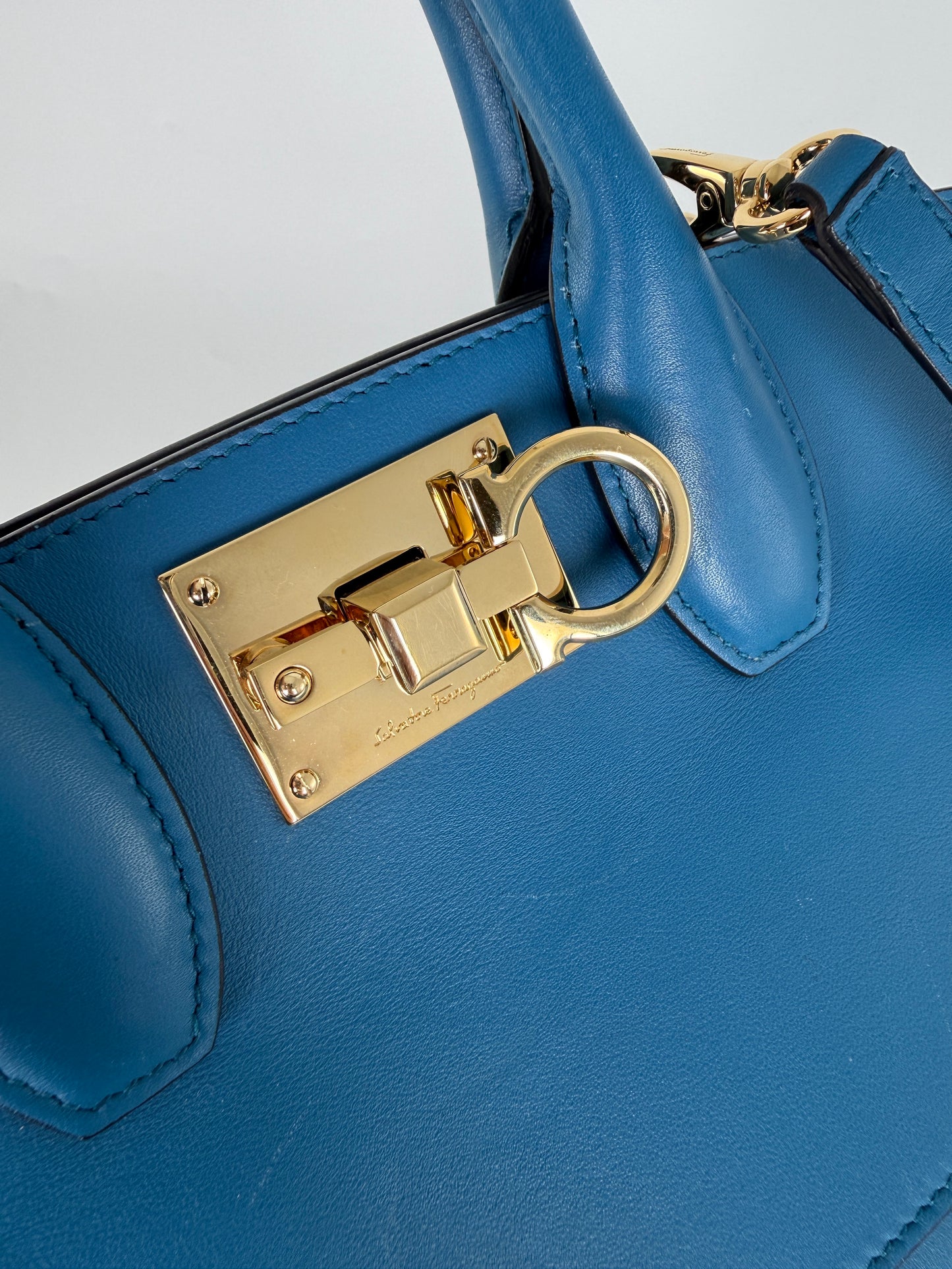 Salvatore Ferragamo Studio Gancini Blue Leather Top Handle Crossbody Tote Bag