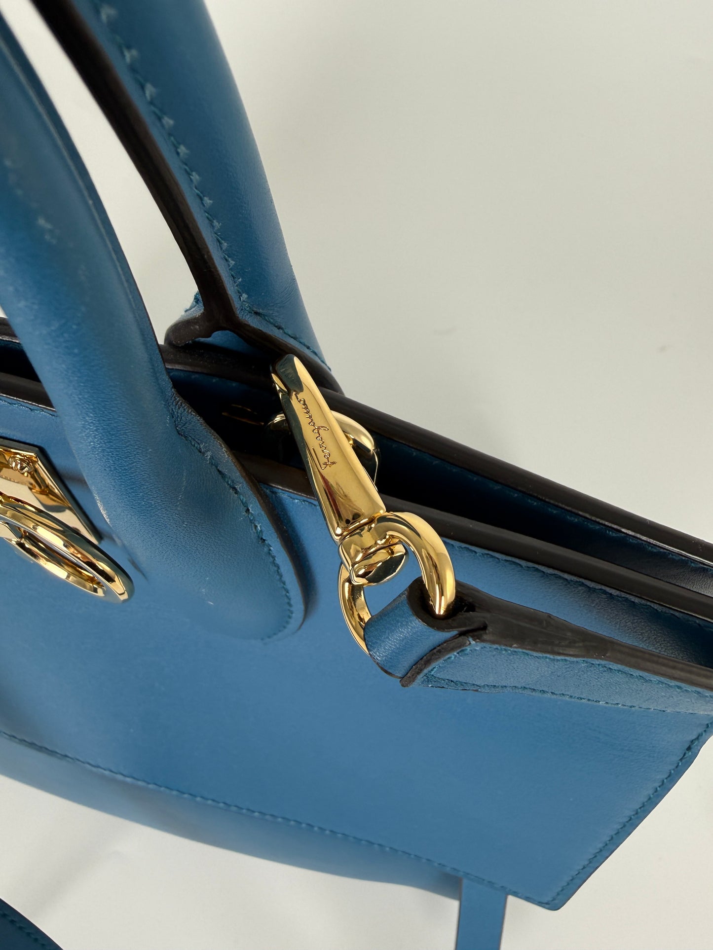 Salvatore Ferragamo Studio Gancini Blue Leather Top Handle Crossbody Tote Bag