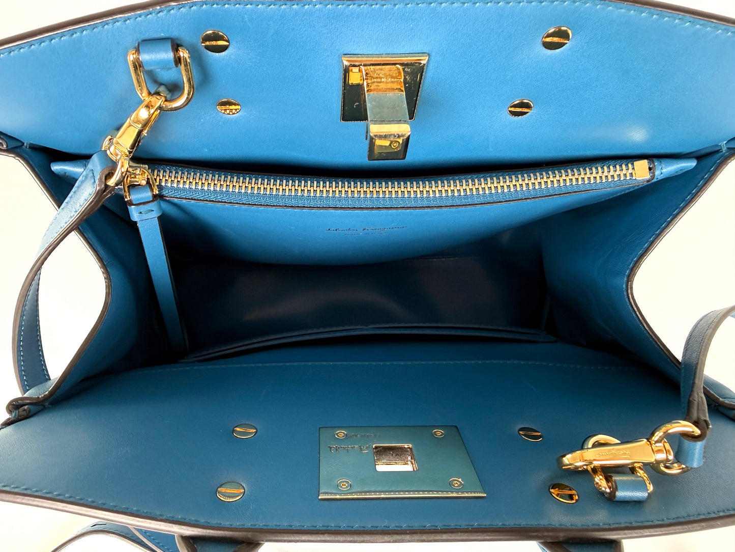 Salvatore Ferragamo Studio Gancini Blue Leather Top Handle Crossbody Tote Bag