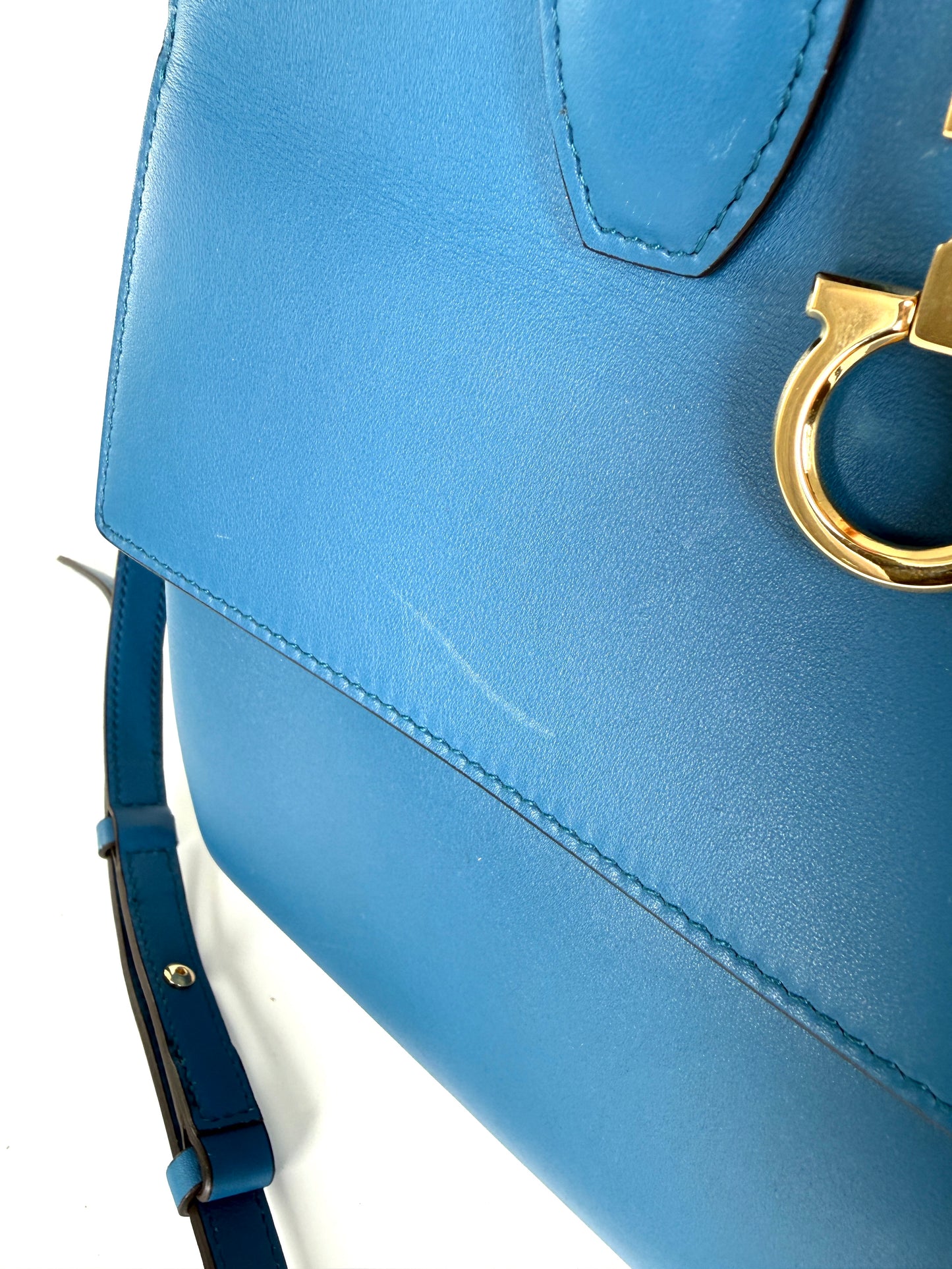 Salvatore Ferragamo Studio Gancini Blue Leather Top Handle Crossbody Tote Bag