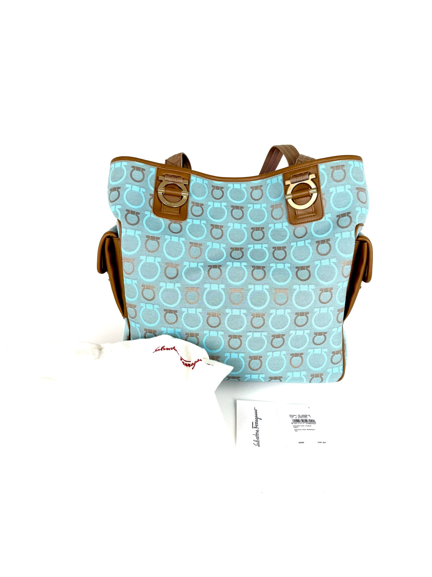 Salvatore Ferragamo Fabric Logo Gancini Blue Brown Tote Bag