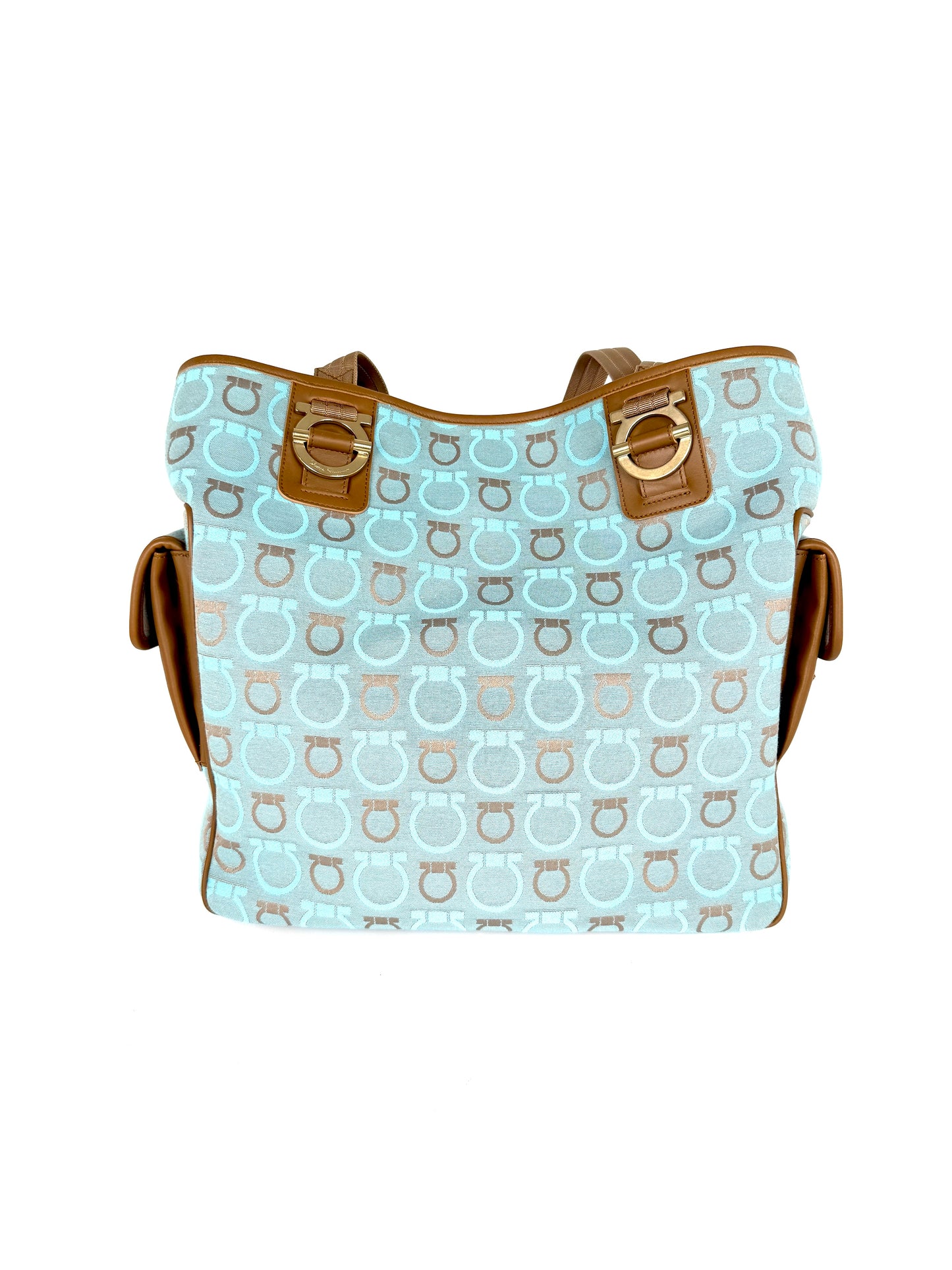 Salvatore Ferragamo Fabric Logo Gancini Blue Brown Tote Bag