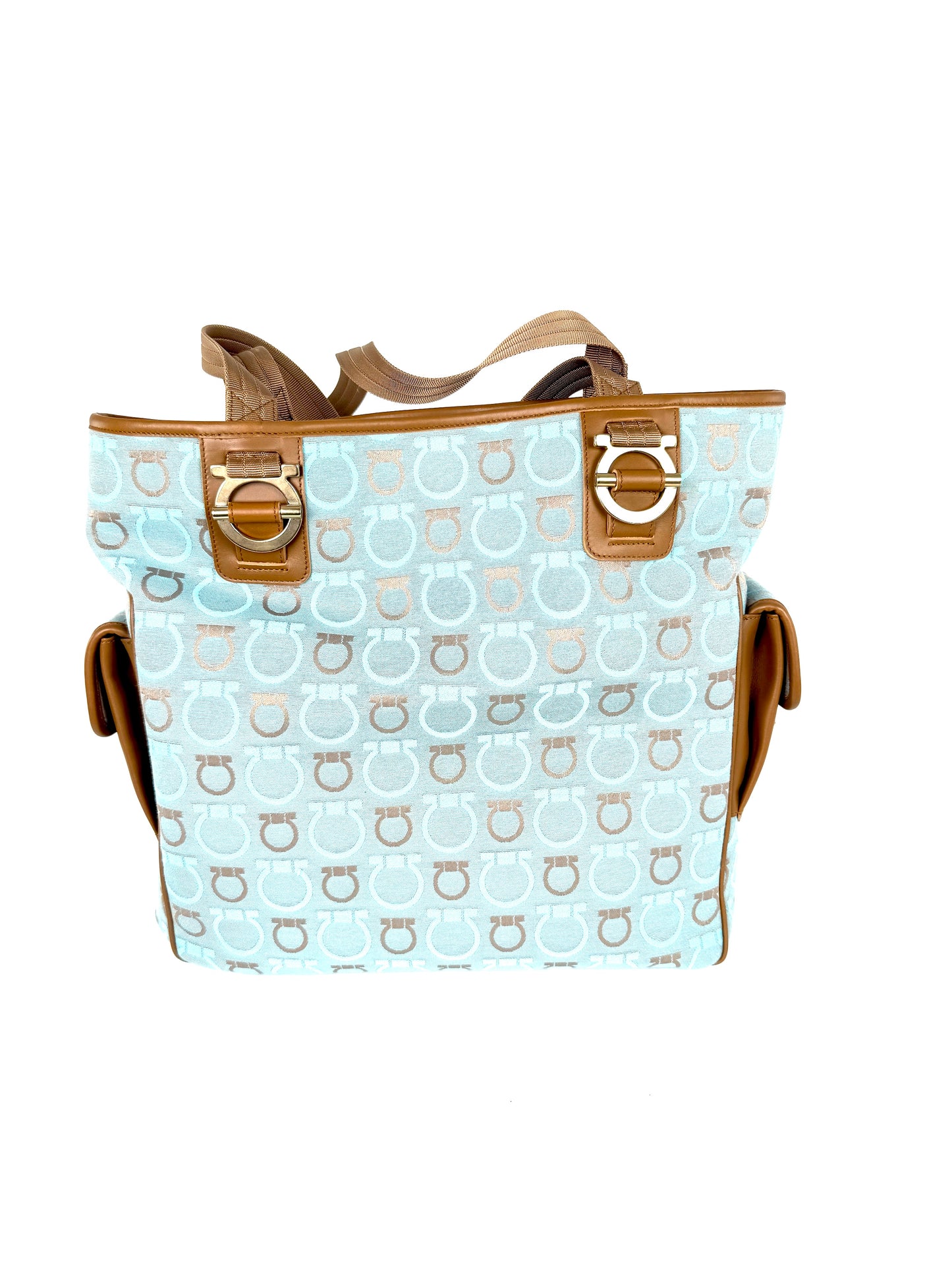 Salvatore Ferragamo Fabric Logo Gancini Blue Brown Tote Bag