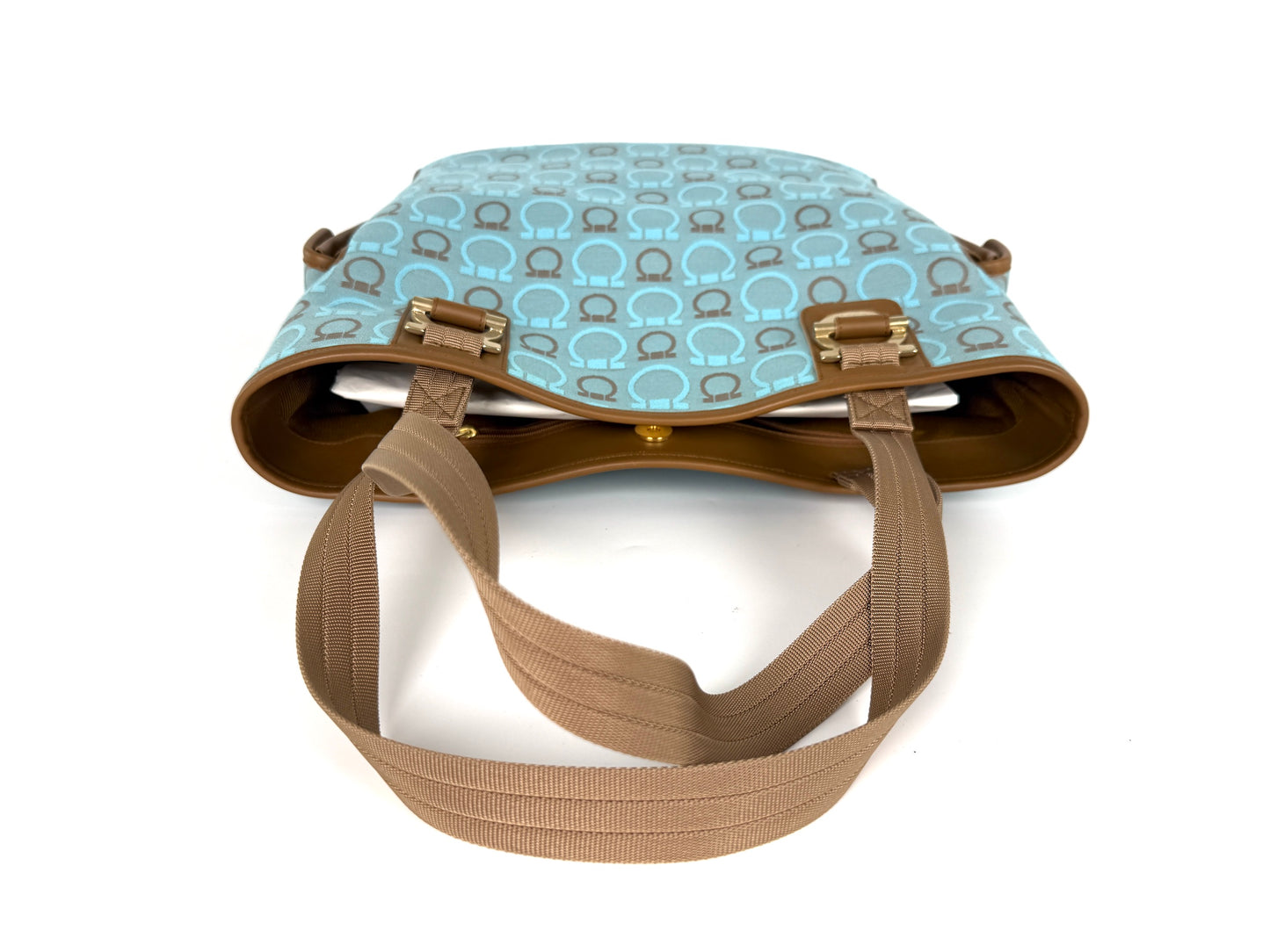 Salvatore Ferragamo Fabric Logo Gancini Blue Brown Tote Bag