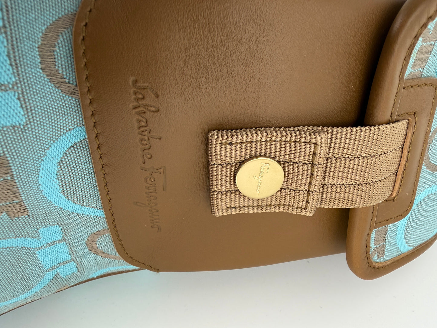 Salvatore Ferragamo Fabric Logo Gancini Blue Brown Tote Bag