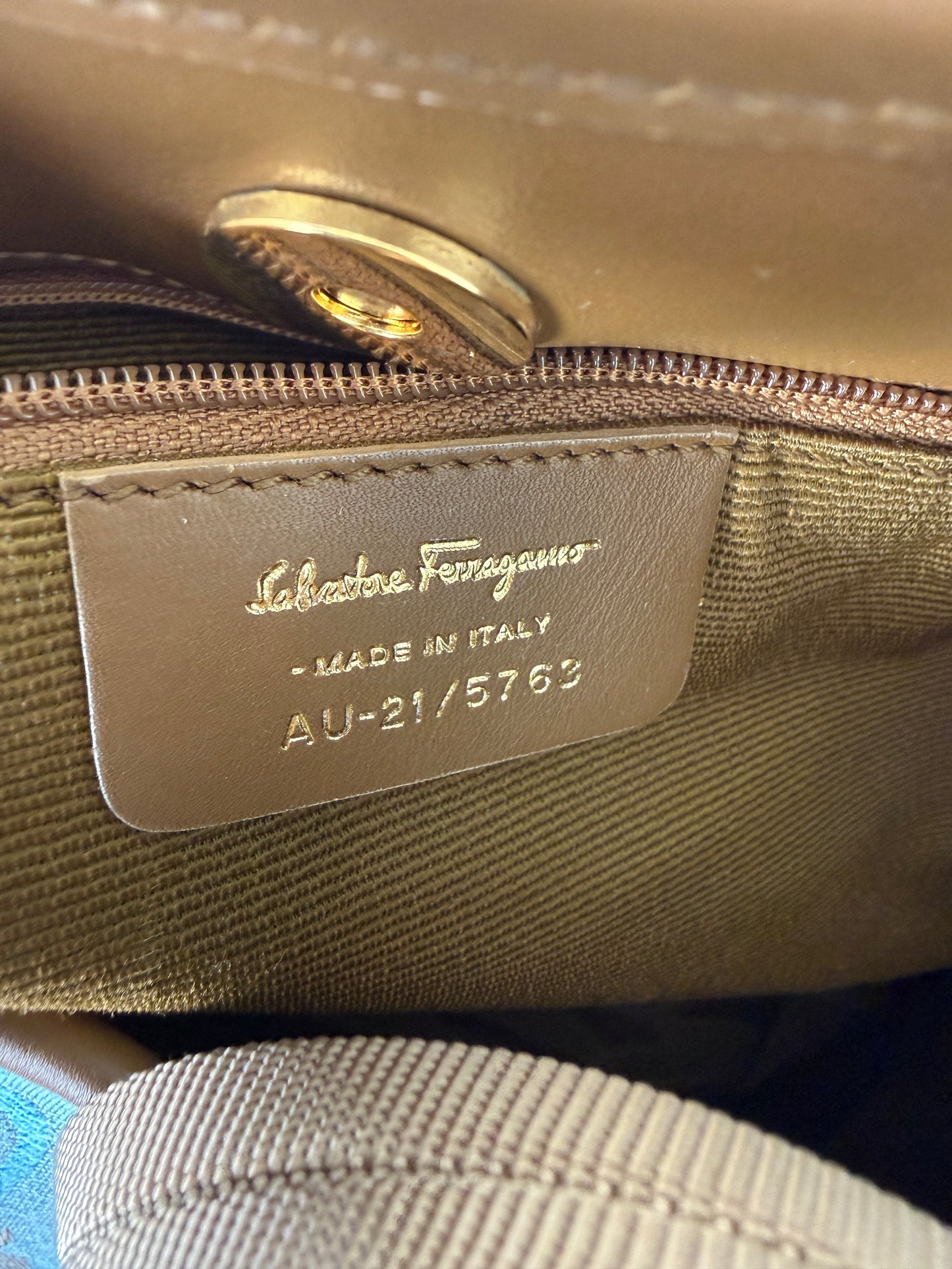 Salvatore Ferragamo Fabric Logo Gancini Blue Brown Tote Bag