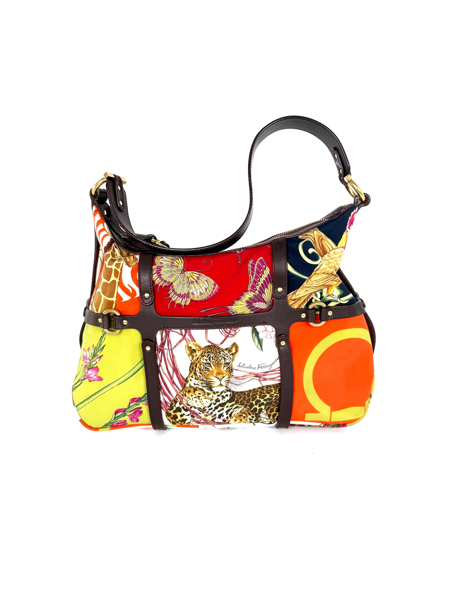 Salvatore Ferragamo Fiera Leopard Fabric Multicolor Print Shoulder Bag
