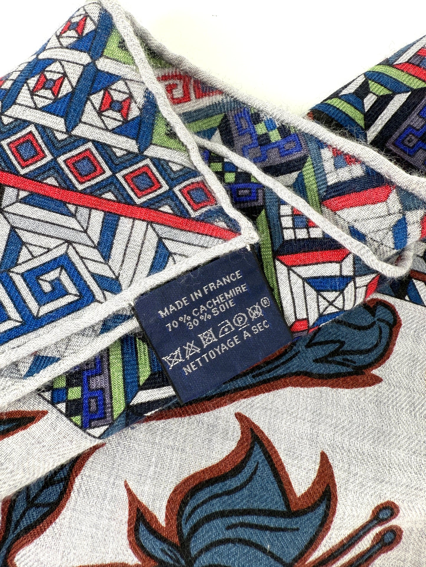 HERMES Le Jaguar Et Le Colibri Gris Chine Bleu Acajou Cashmere 140 Shawl Scarf