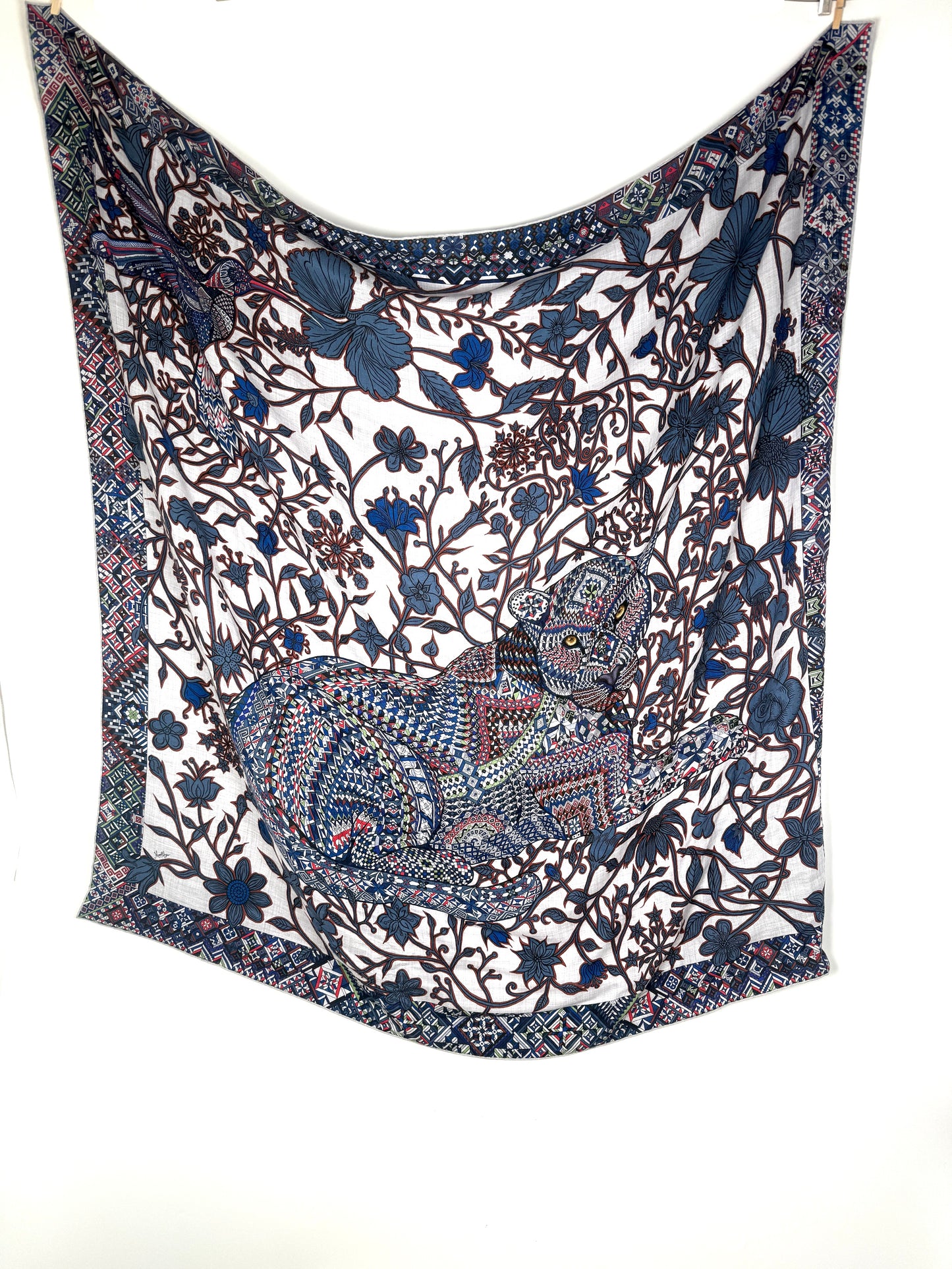 HERMES Le Jaguar Et Le Colibri Gris Chine Bleu Acajou Cashmere 140 Shawl Scarf