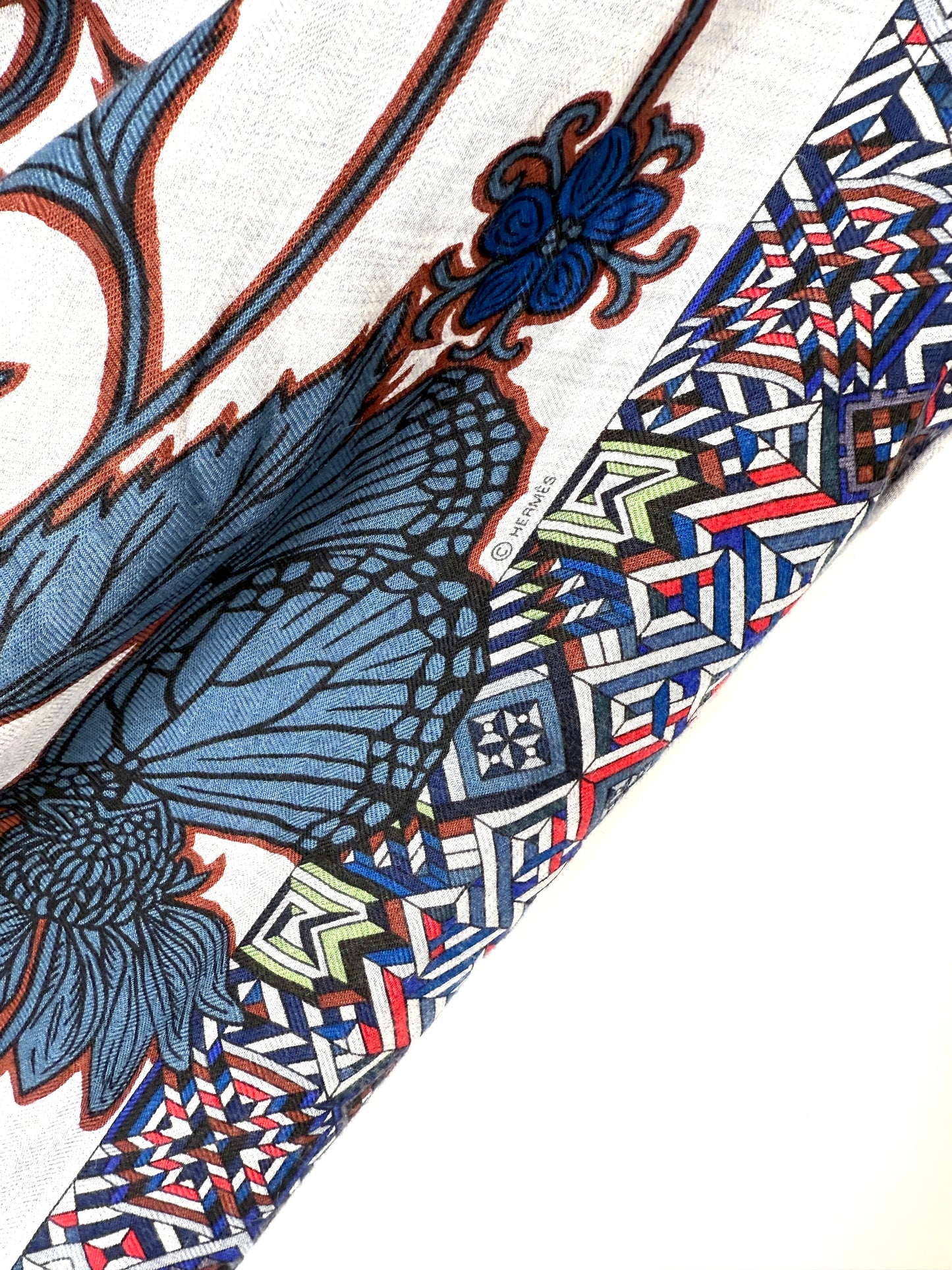 HERMES Le Jaguar Et Le Colibri Gris Chine Bleu Acajou Cashmere 140 Shawl Scarf