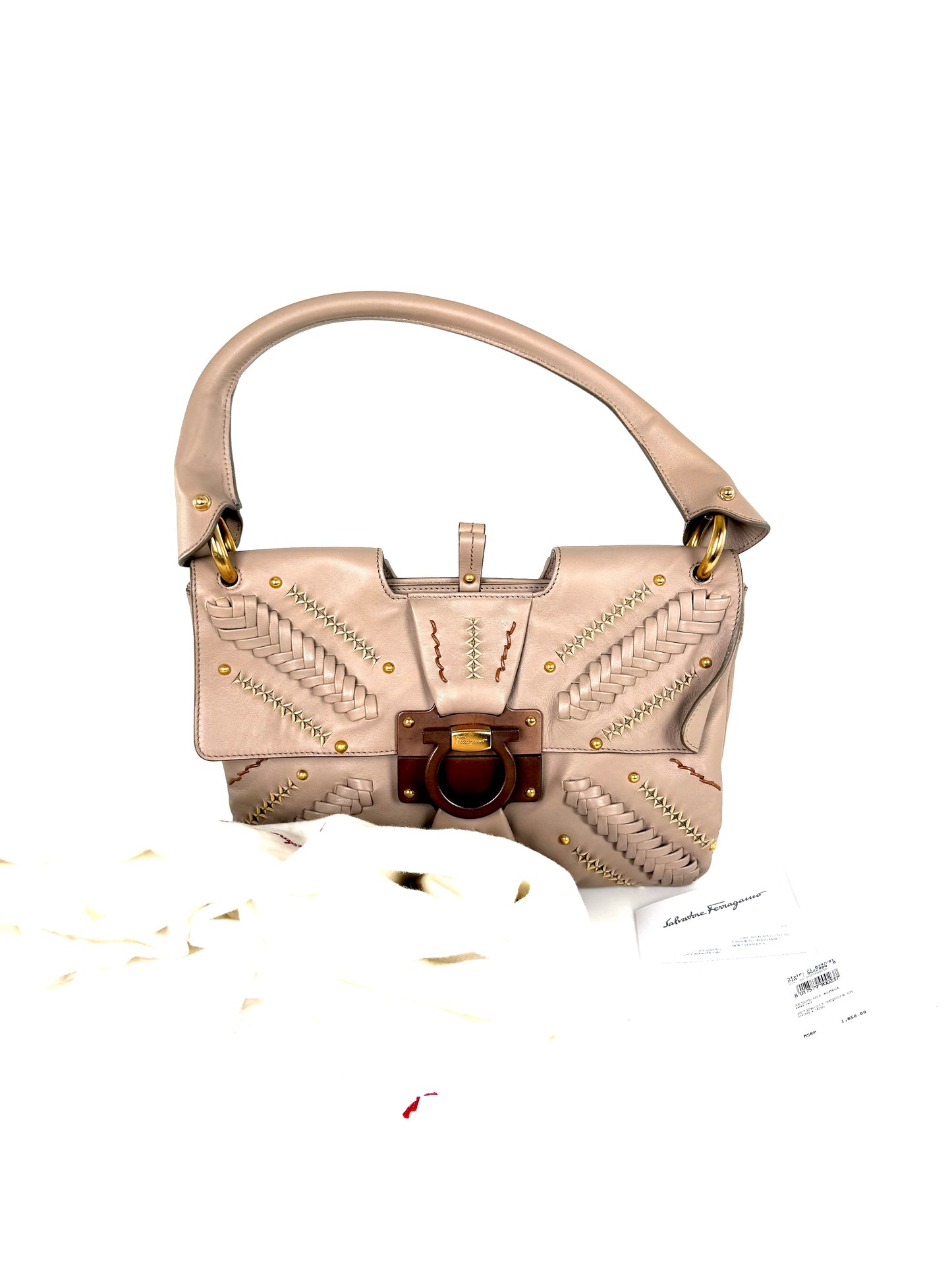 Salvatore Ferragamo Taupe Leather Whipstitch Shoulder Bag