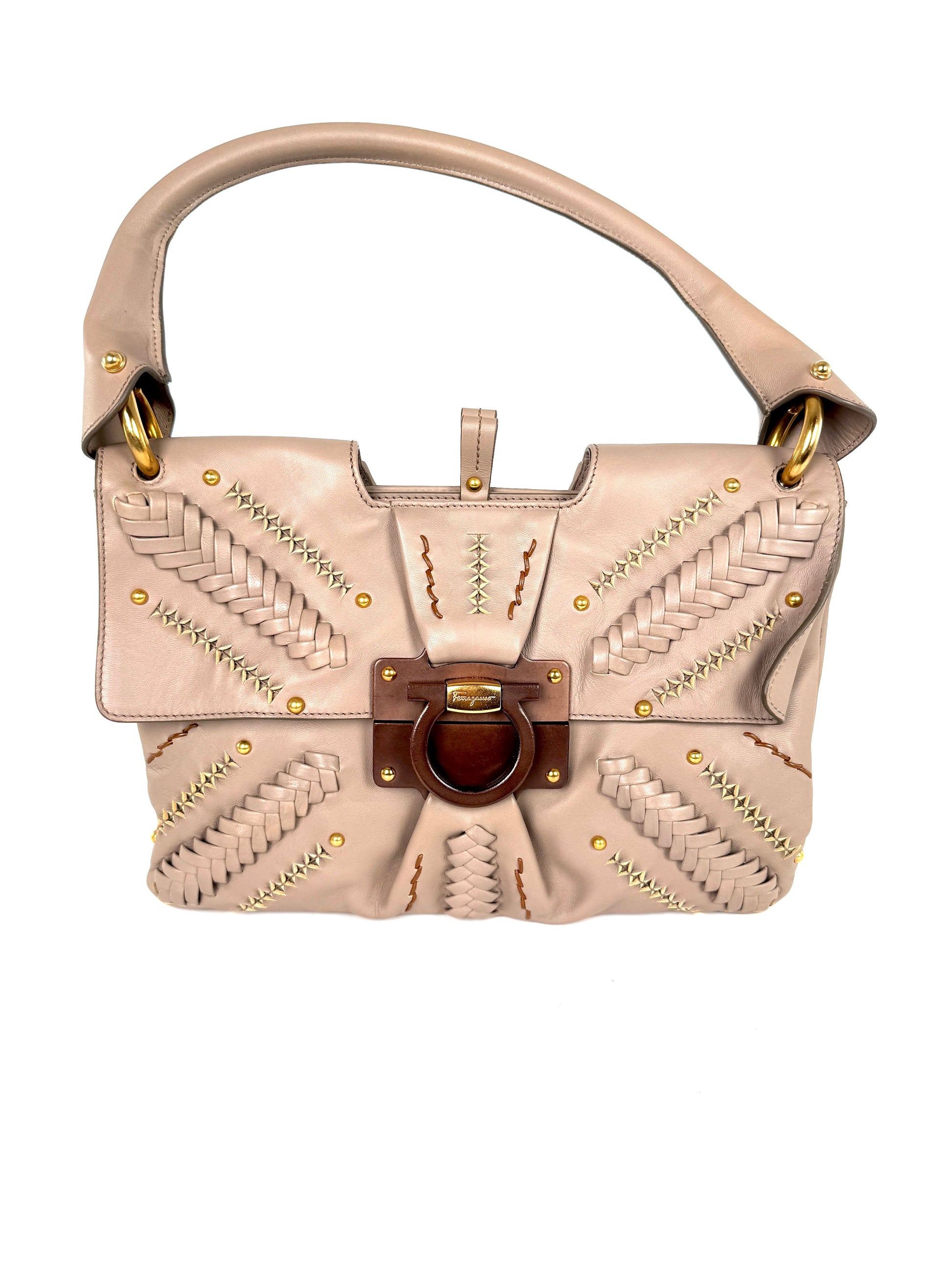 Salvatore Ferragamo Taupe Leather Whipstitch Shoulder Bag