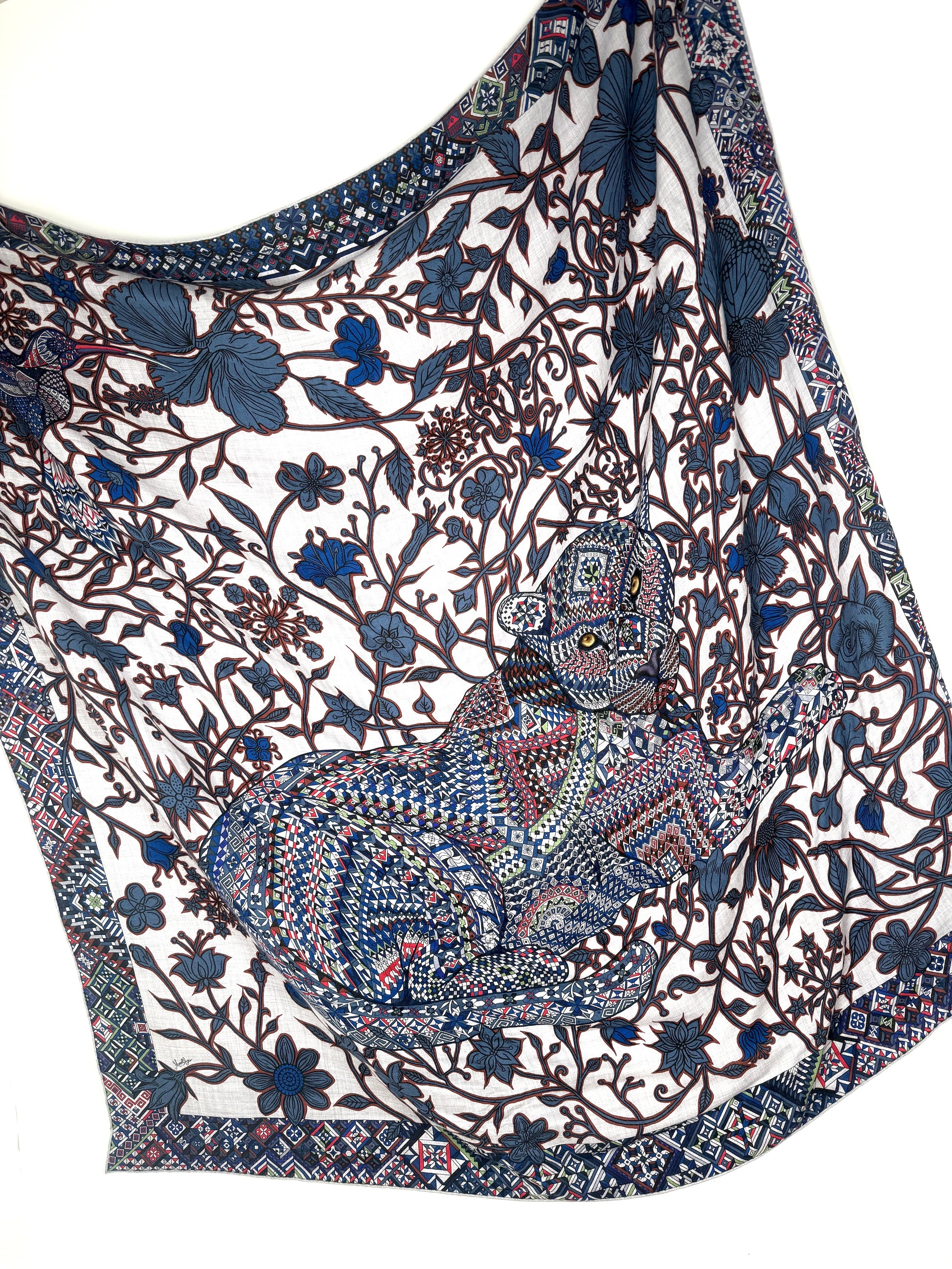 HERMES Le Jaguar Et Le Colibri Gris Chine Bleu Acajou Cashmere 140 Shawl Scarf 