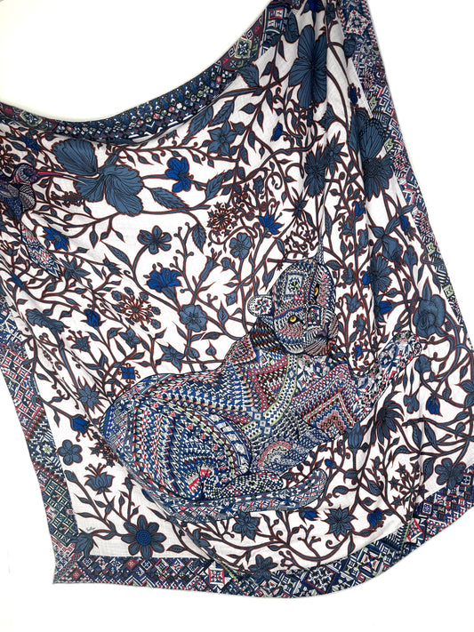 HERMES Le Jaguar Et Le Colibri Gris Chine Bleu Acajou Cashmere 140 Shawl Scarf 