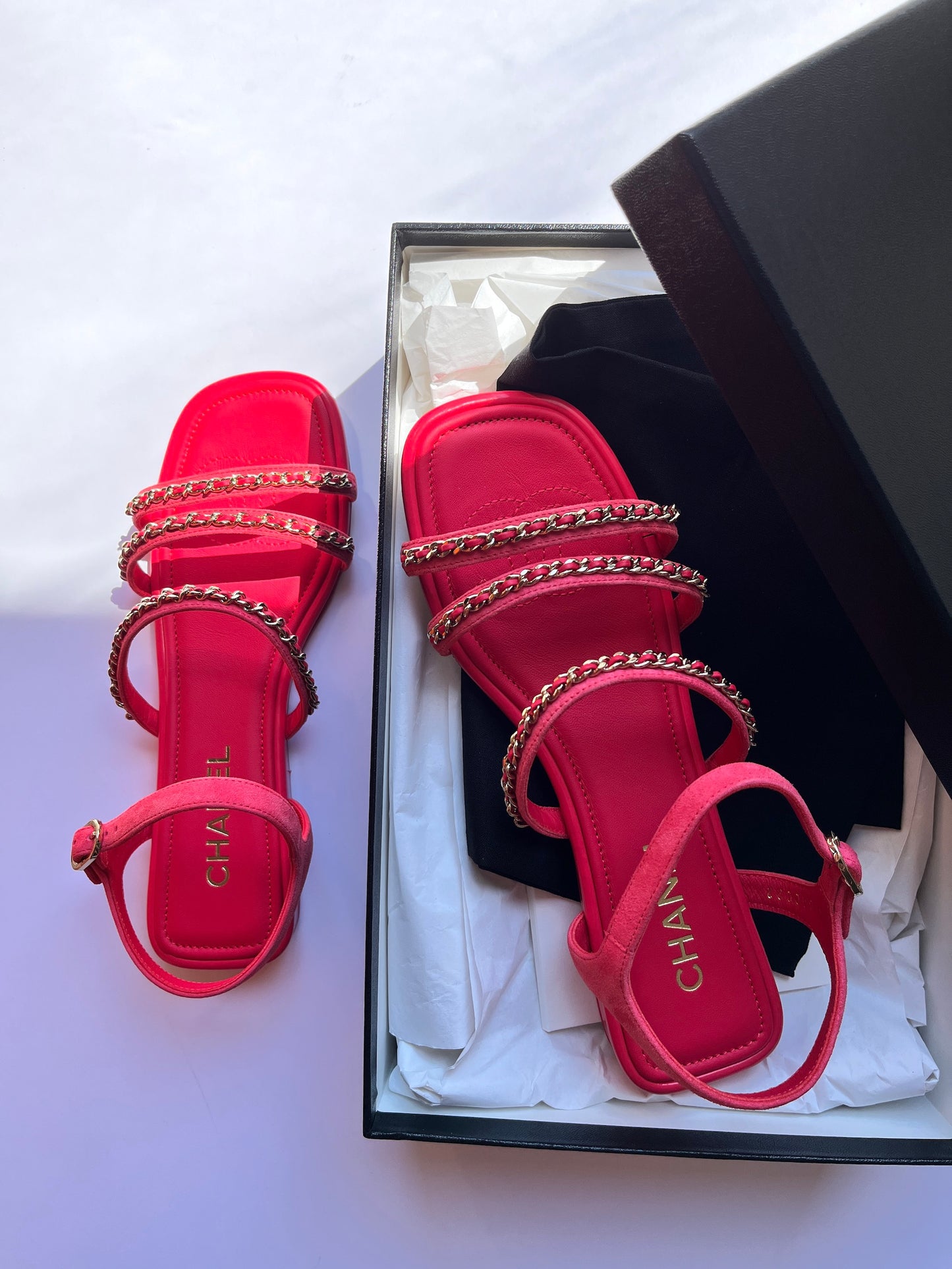 New CHANEL Chain Suede Leather 23P Pink Wedge Sandals 38 7.5