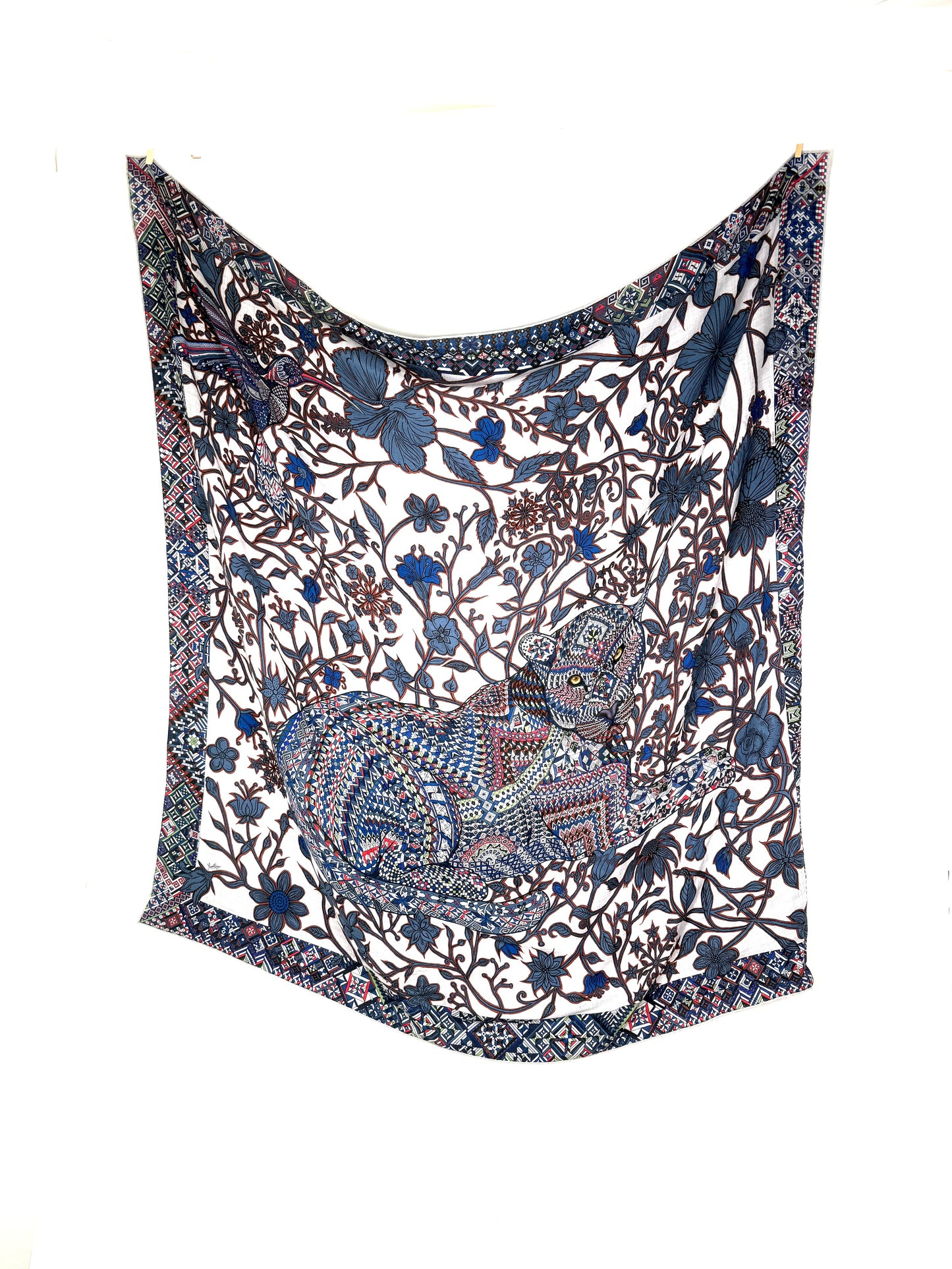 HERMES Le Jaguar Et Le Colibri Gris Chine Bleu Acajou Cashmere 140 Shawl Scarf
