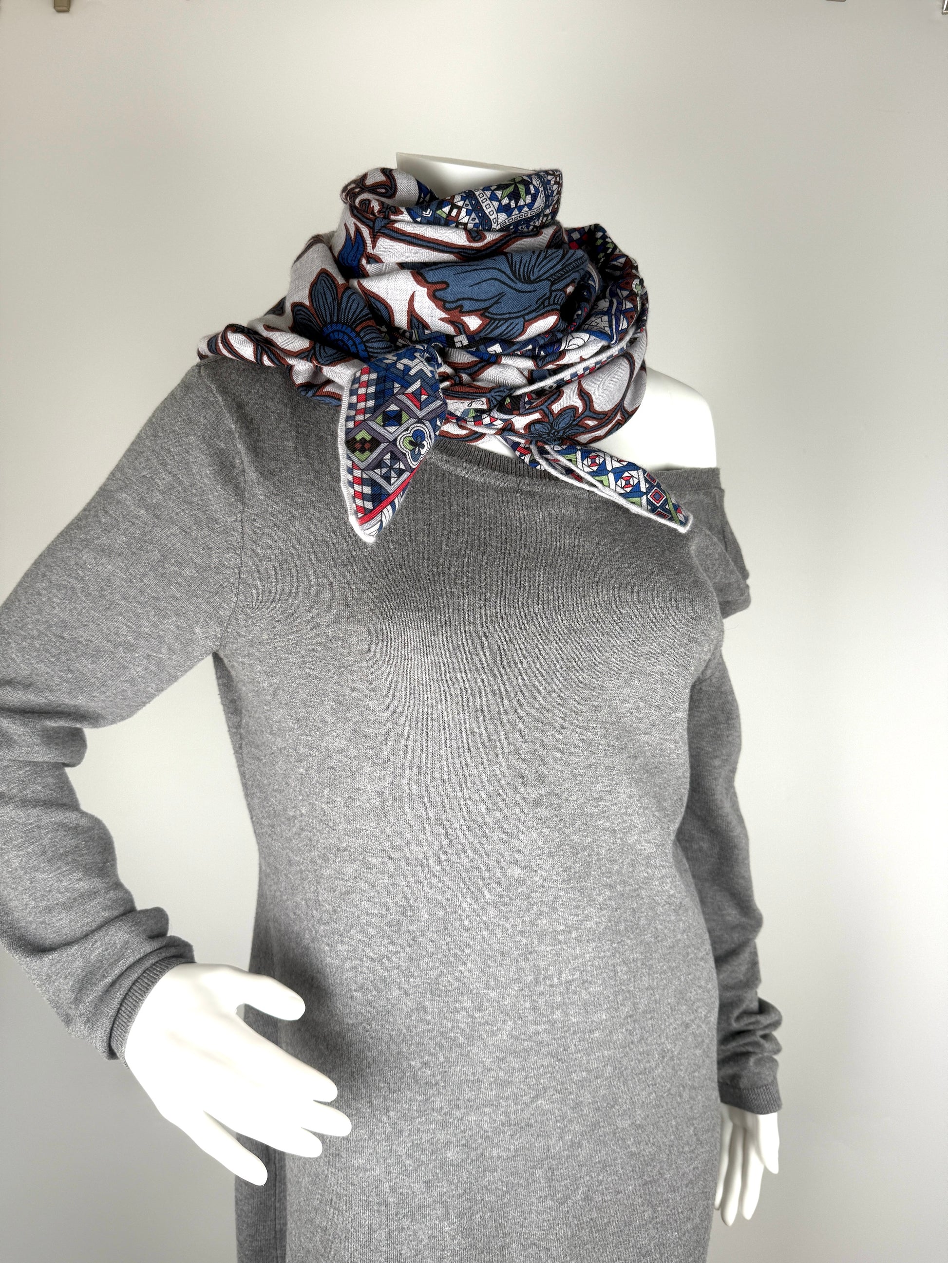 HERMES Le Jaguar Et Le Colibri Gris Chine Bleu Acajou Cashmere 140 Shawl Scarf 