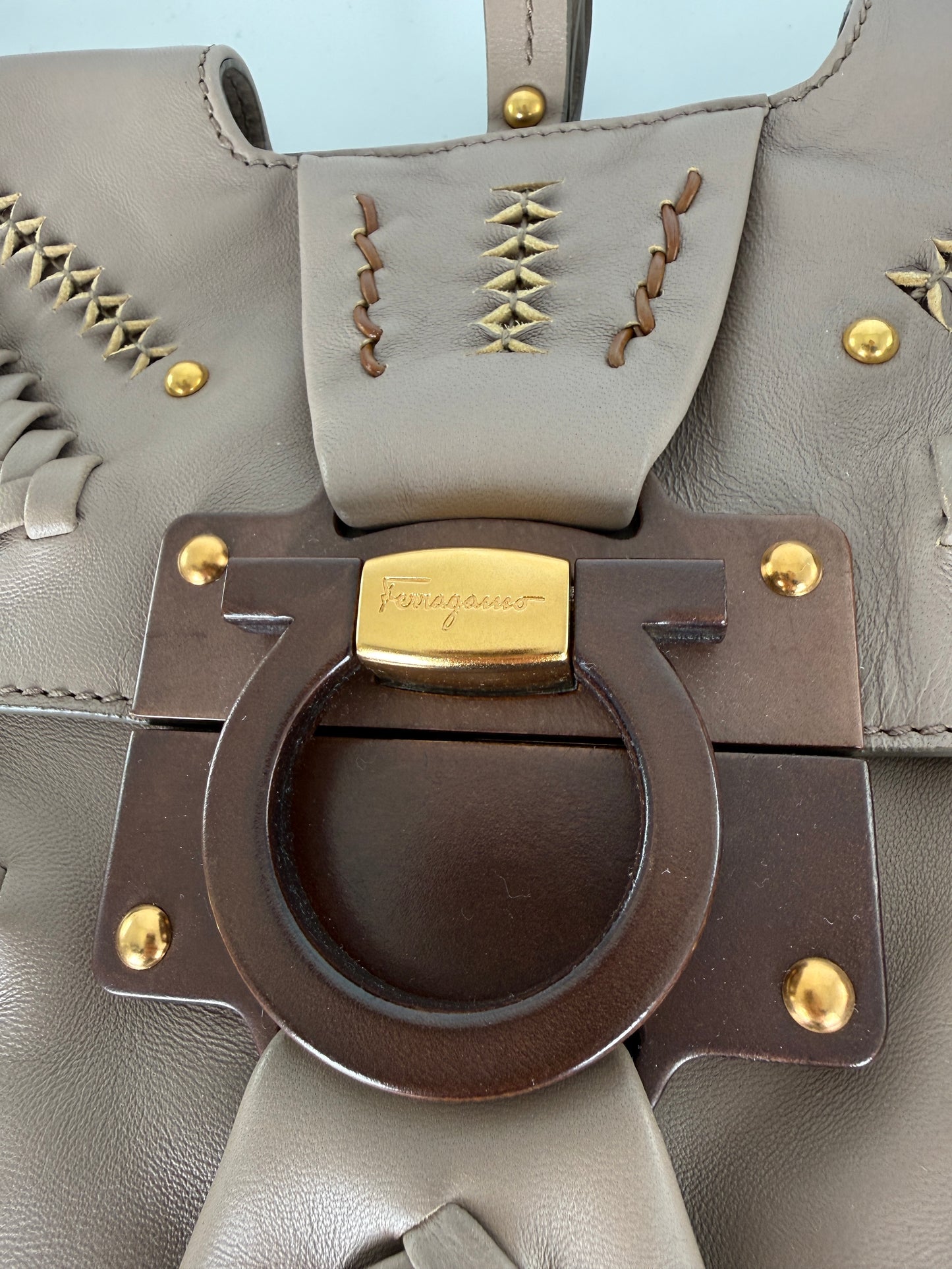 Salvatore Ferragamo Taupe Leather Whipstitch Shoulder Bag