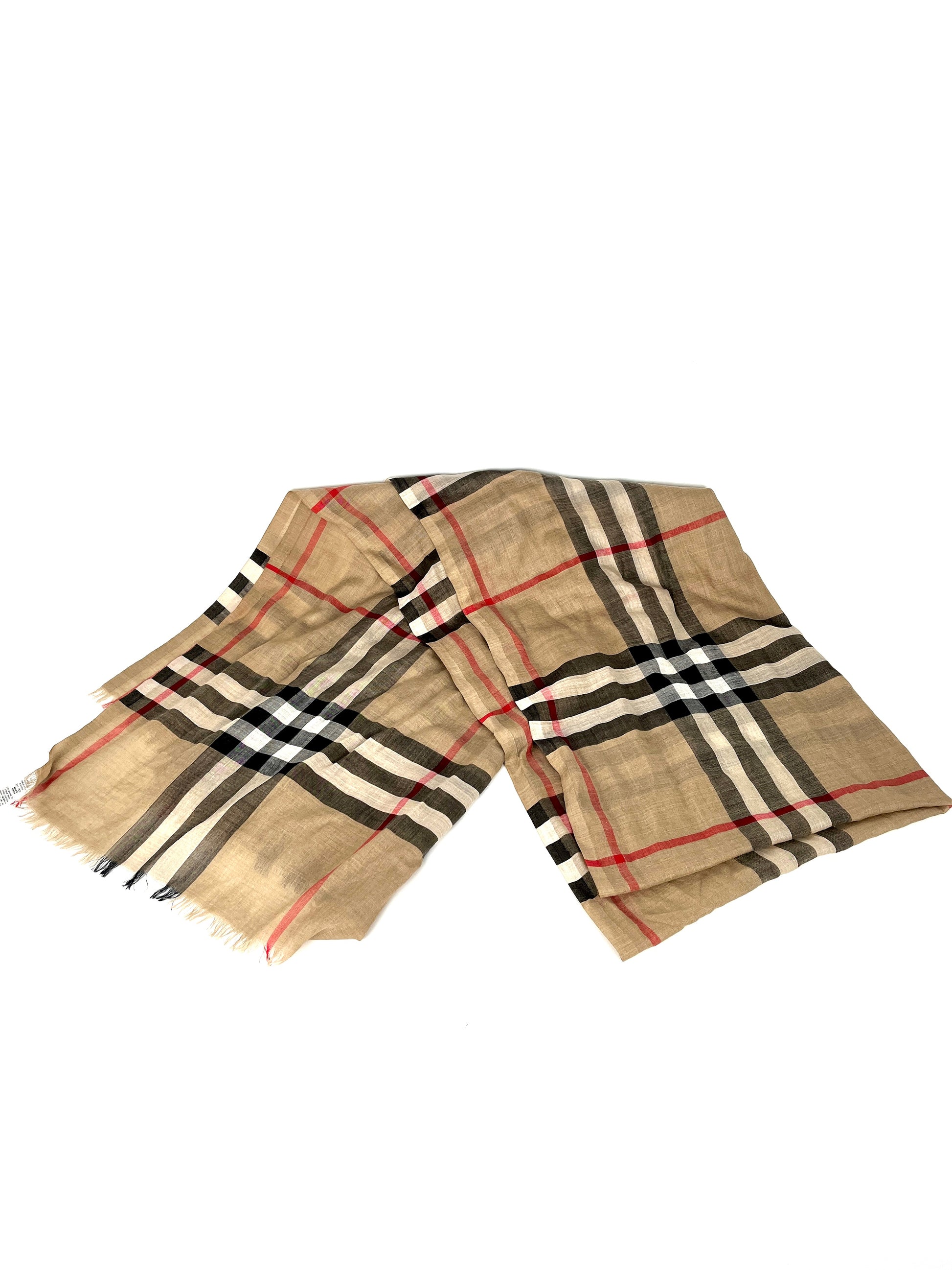 BURBERRY Check Archive Beige Black Wool Silk Rectangular Fringe Long Scarf