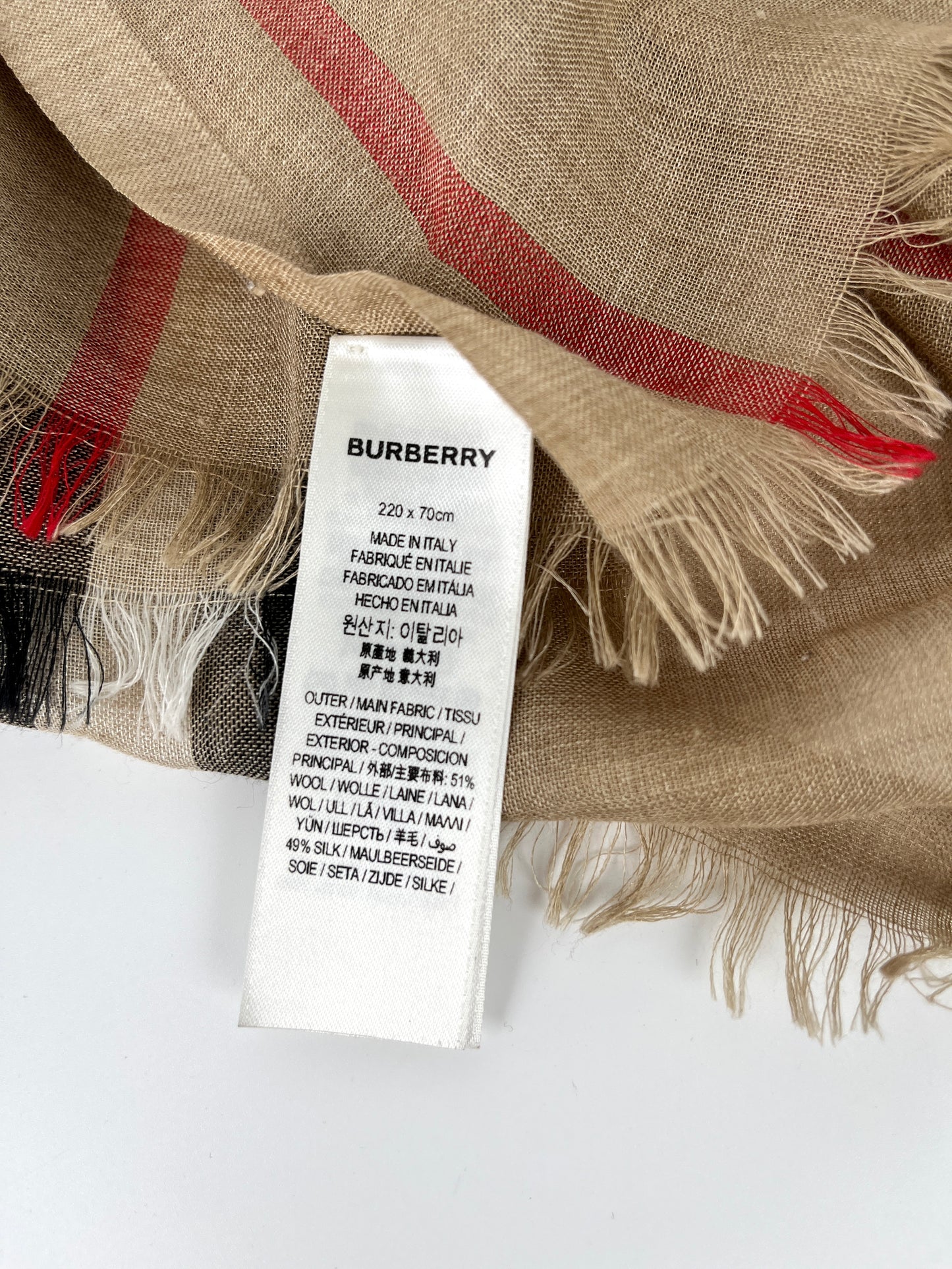 BURBERRY Check Archive Beige Black Wool Silk Rectangular Fringe Long Scarf