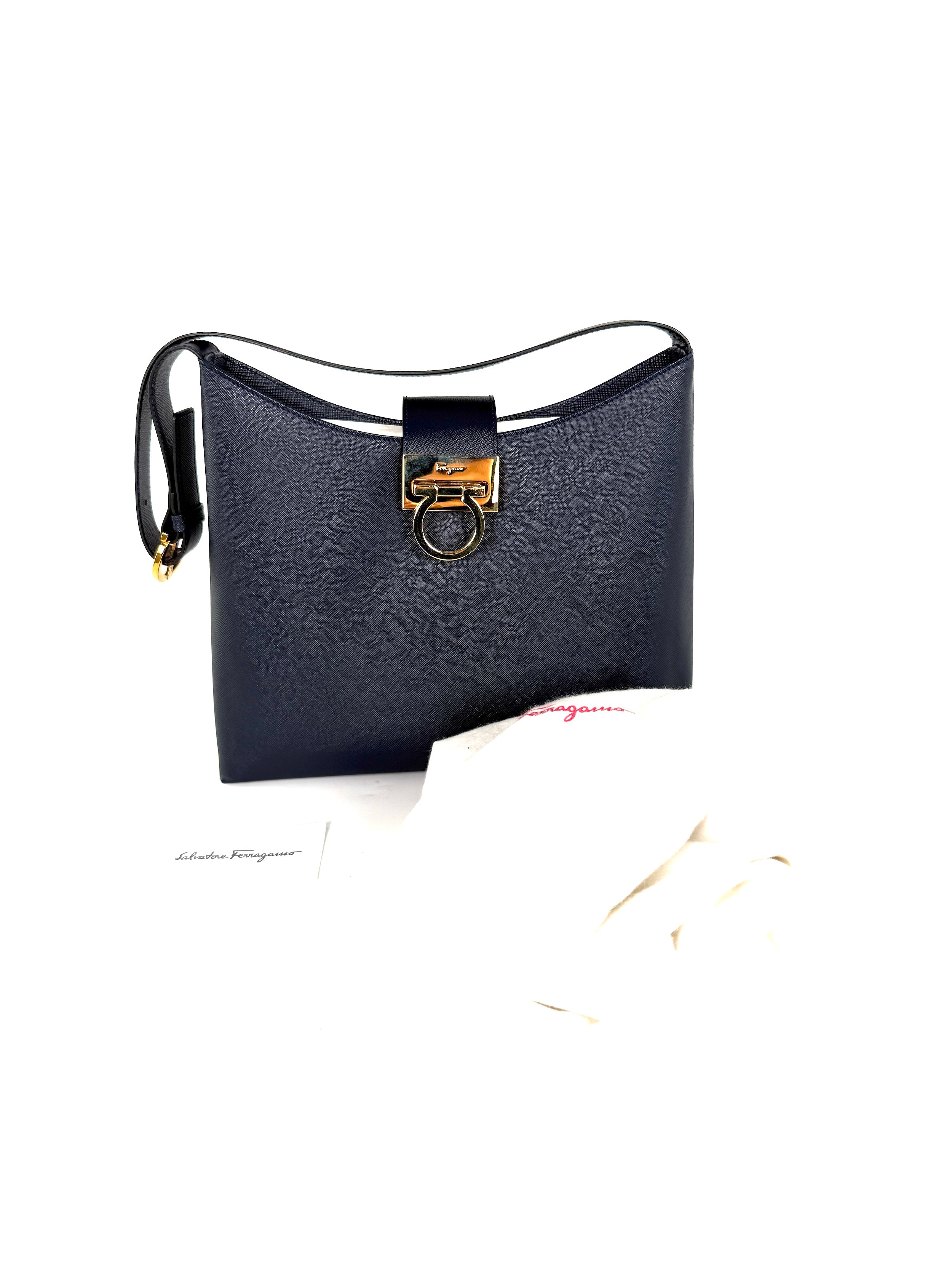 Salvatore Ferragamo Hammered Calfskin Trifolio Gancini Dark Navy