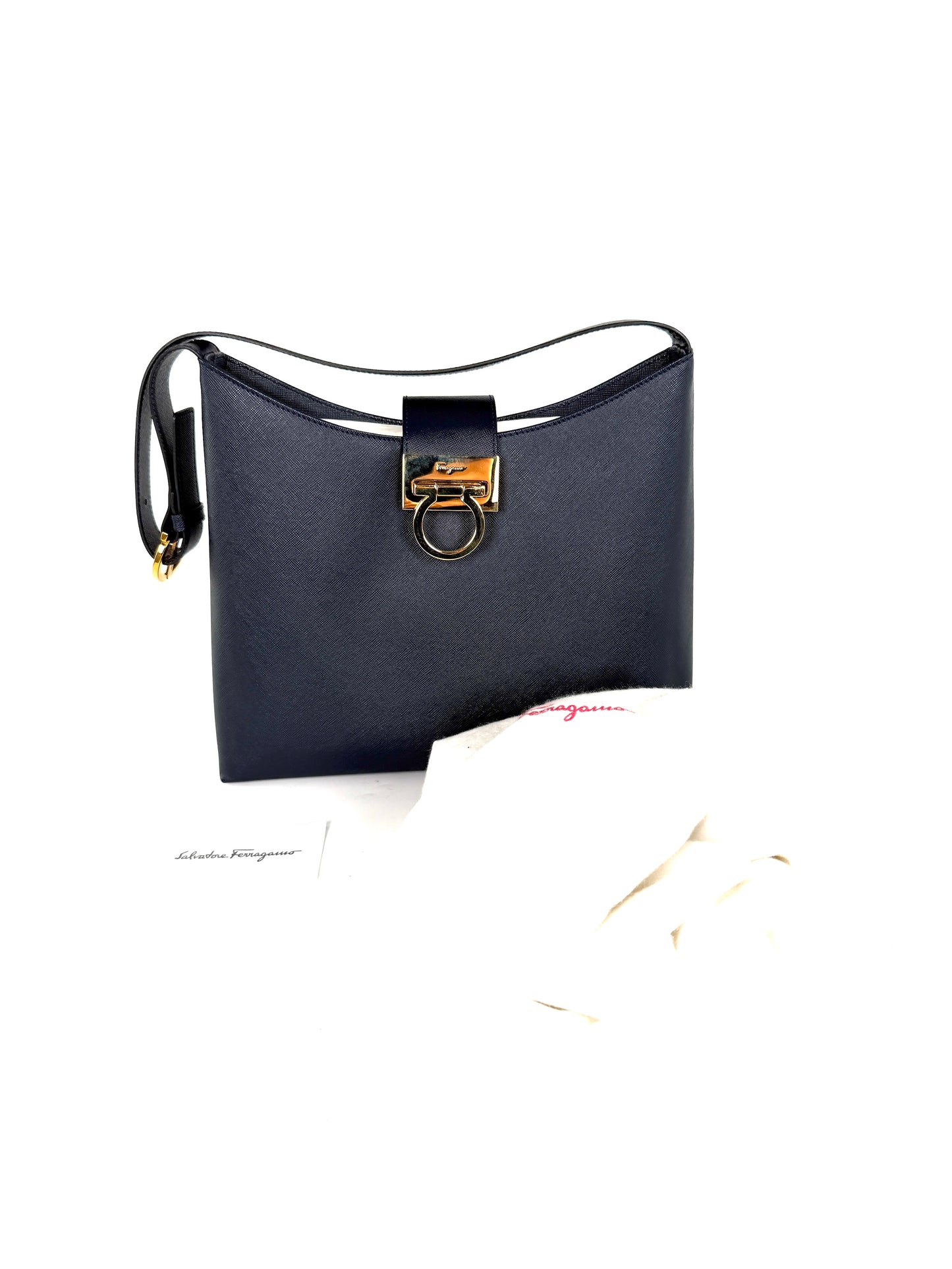 Salvatore Ferragamo Hammered Calfskin Trifolio Gancini Dark Navy Leather Shoulder Bag