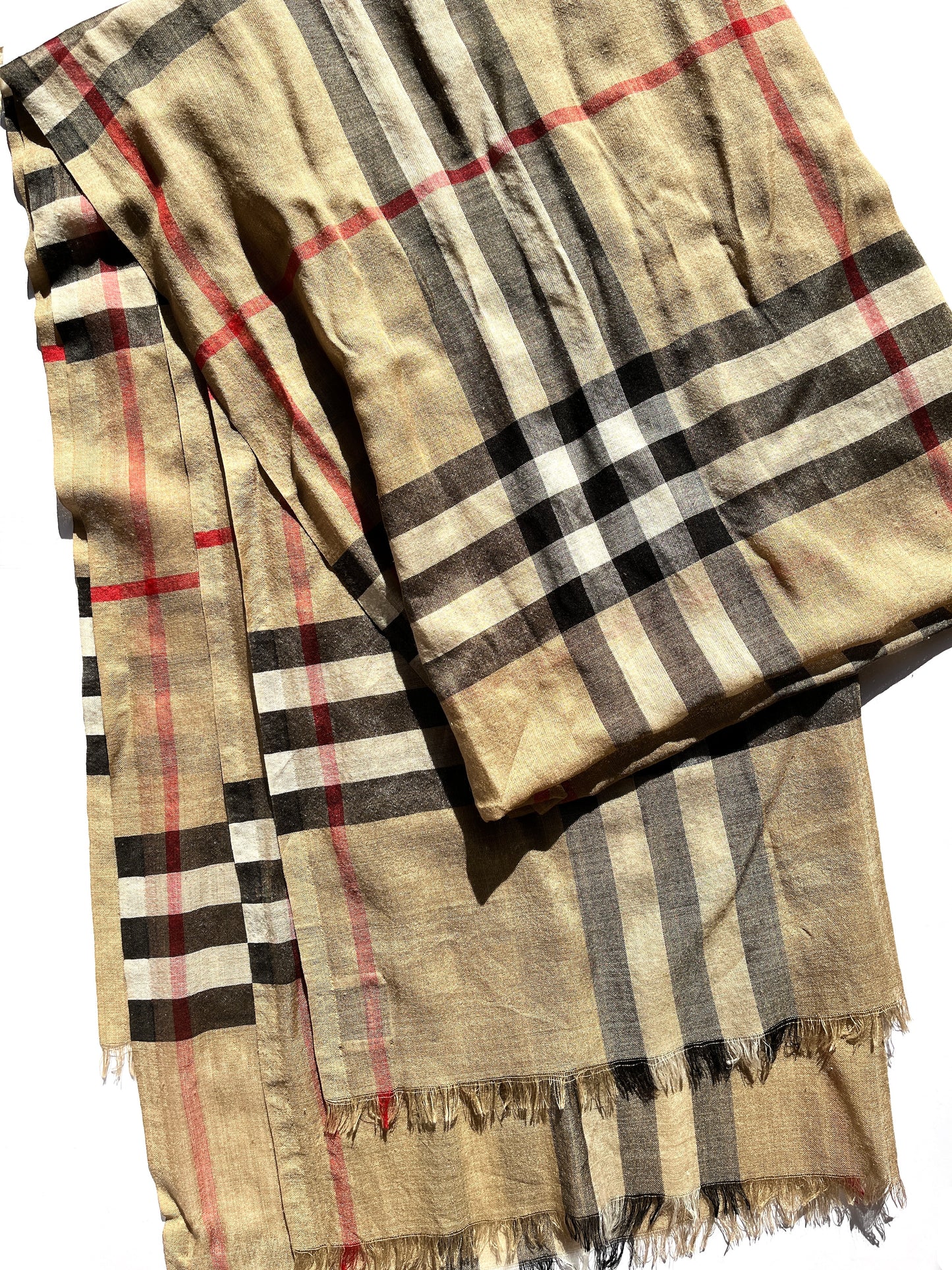 BURBERRY Check Archive Beige Black Wool Silk Rectangular Fringe Long Scarf