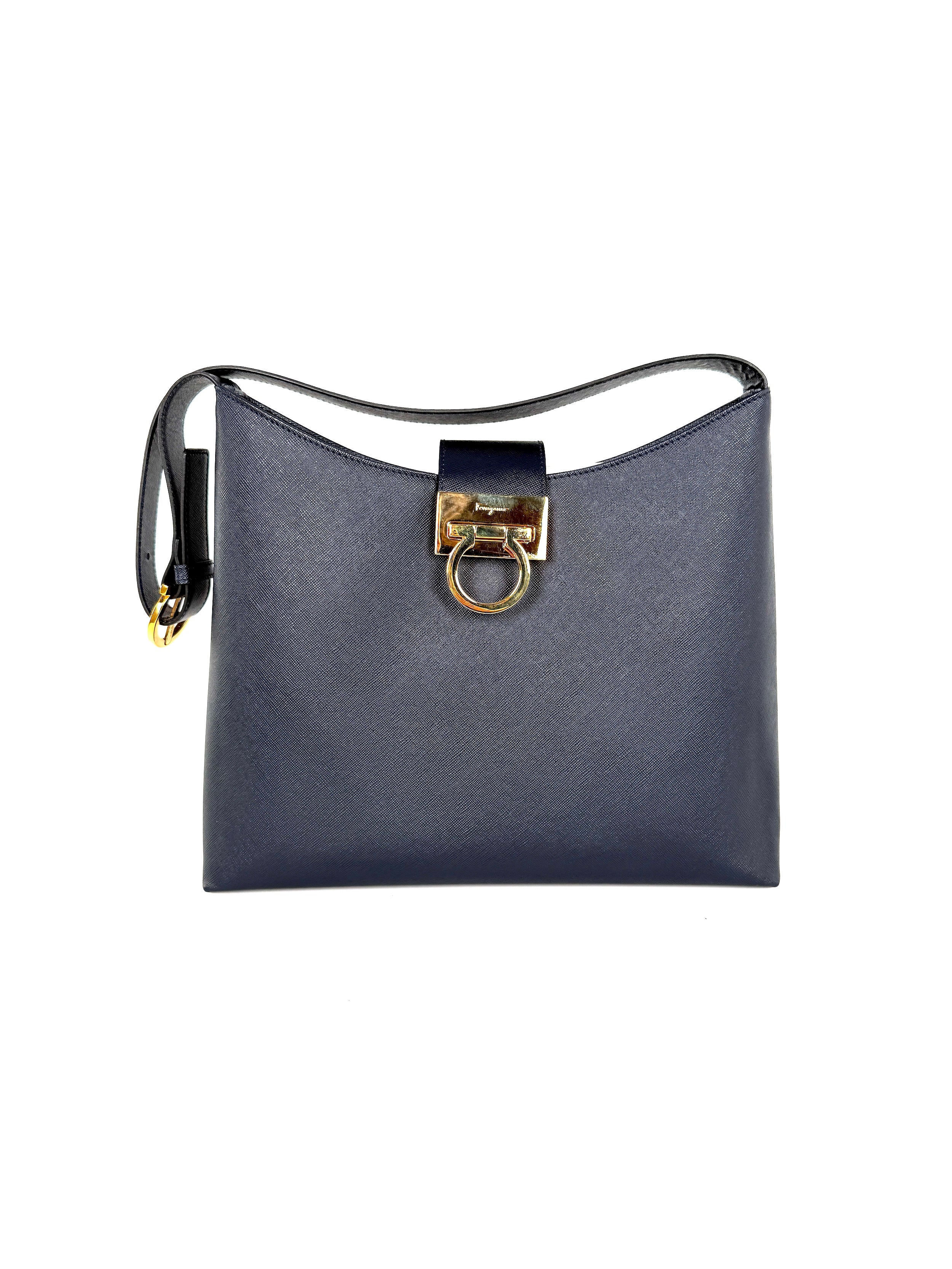 Salvatore Ferragamo Hammered Calfskin Trifolio Gancini Dark Navy
