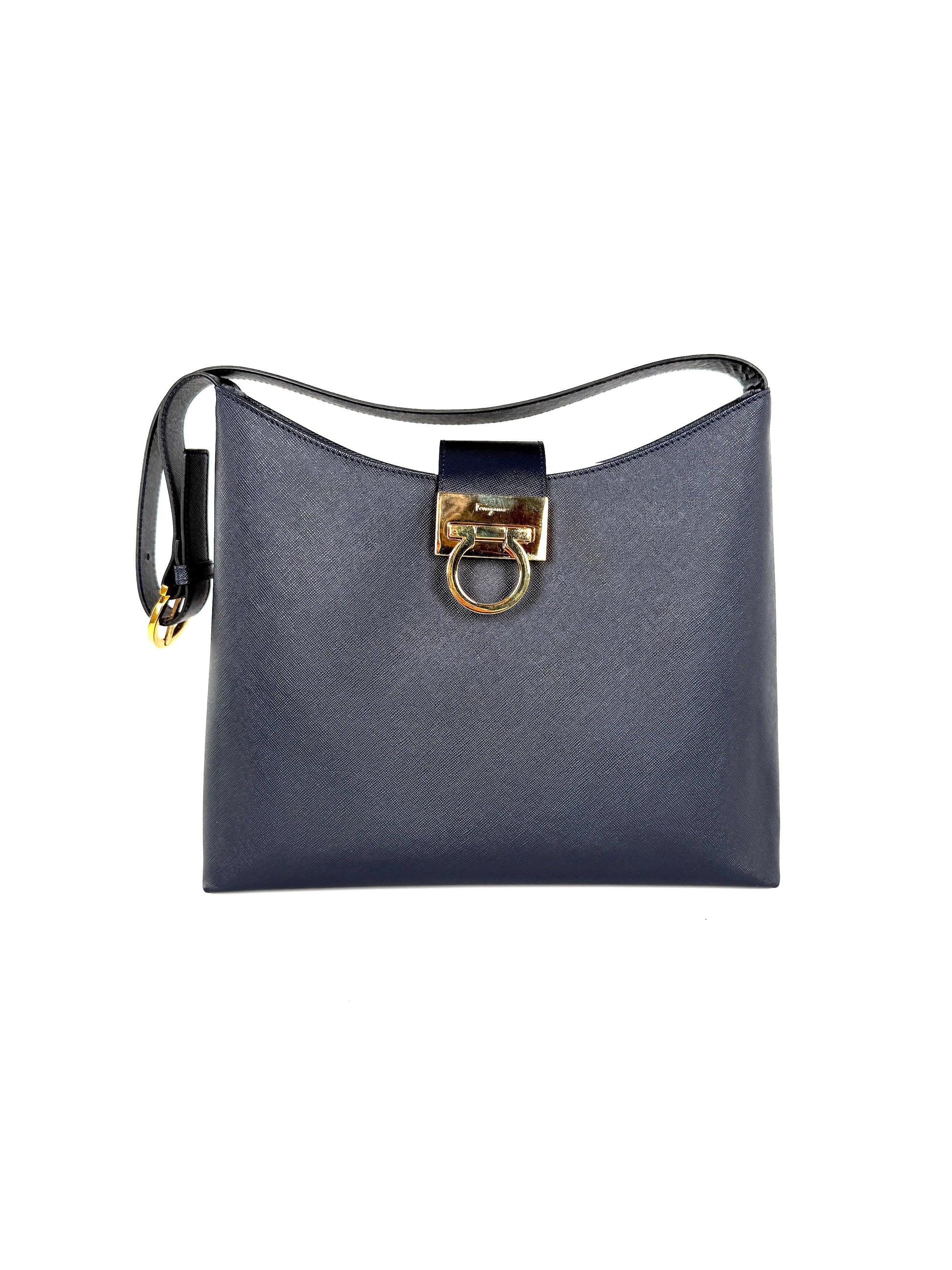 Salvatore Ferragamo Hammered Calfskin Trifolio Gancini Dark Navy Leather Shoulder Bag