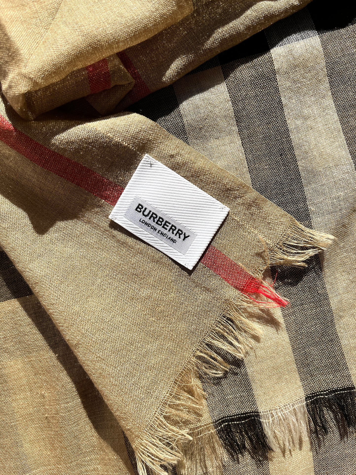 BURBERRY Check Archive Beige Black Wool Silk Rectangular Fringe Long Scarf