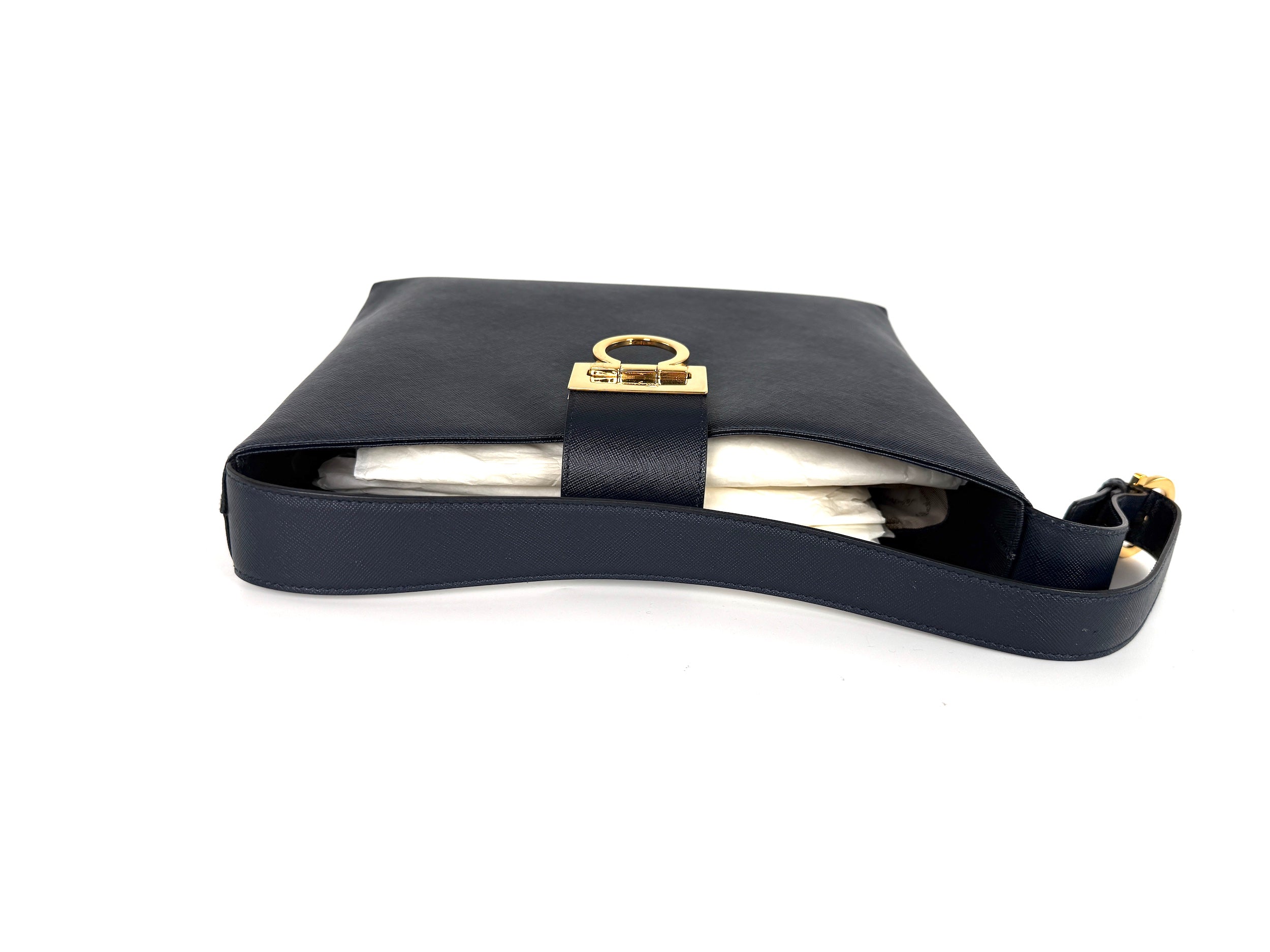 Salvatore Ferragamo Hammered Calfskin Trifolio Gancini Dark Navy