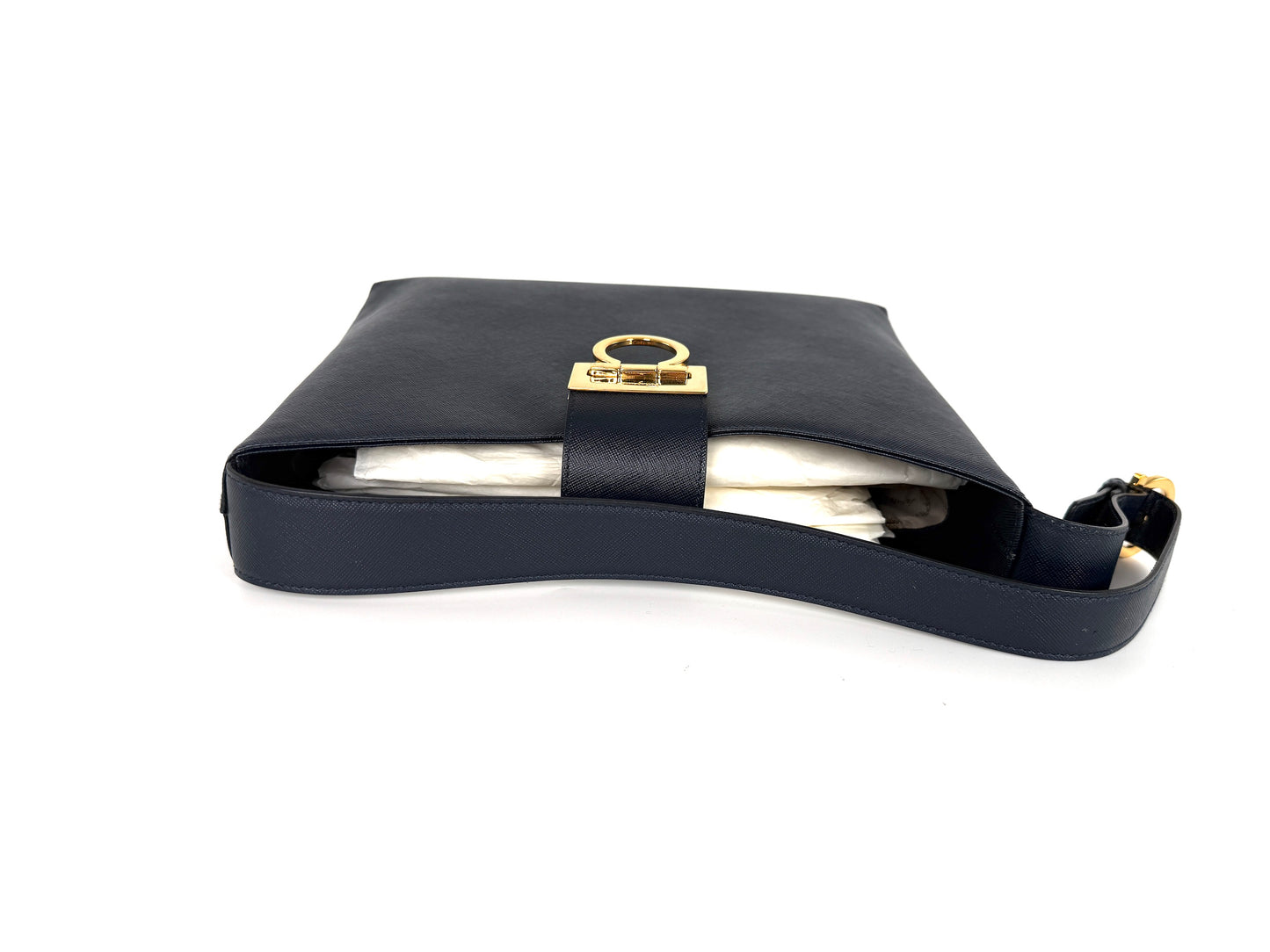 Salvatore Ferragamo Hammered Calfskin Trifolio Gancini Dark Navy Leather Shoulder Bag