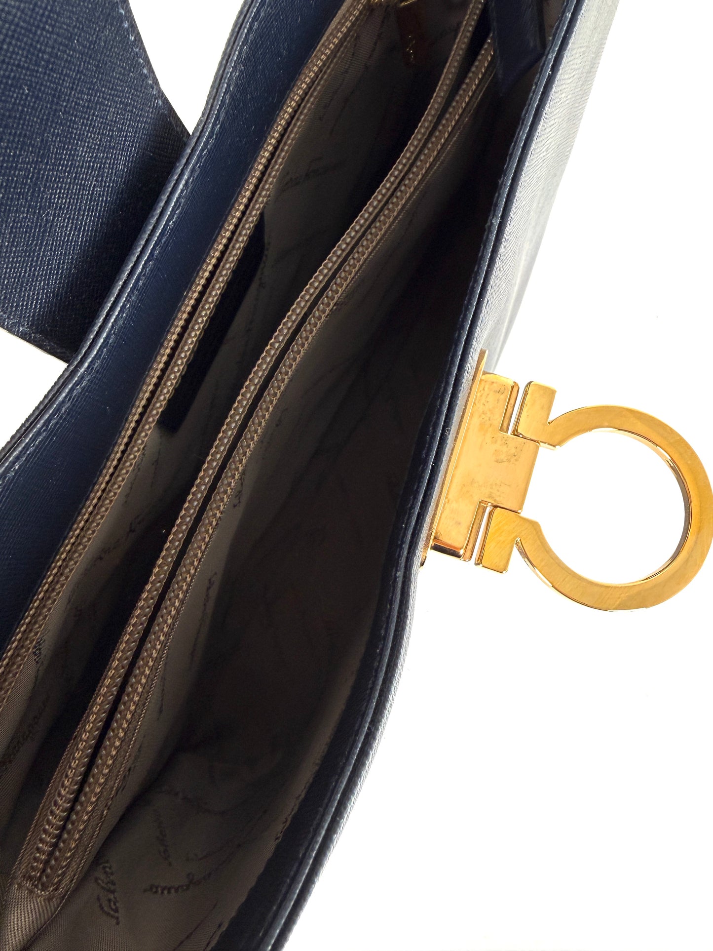Salvatore Ferragamo Hammered Calfskin Trifolio Gancini Dark Navy Leather Shoulder Bag