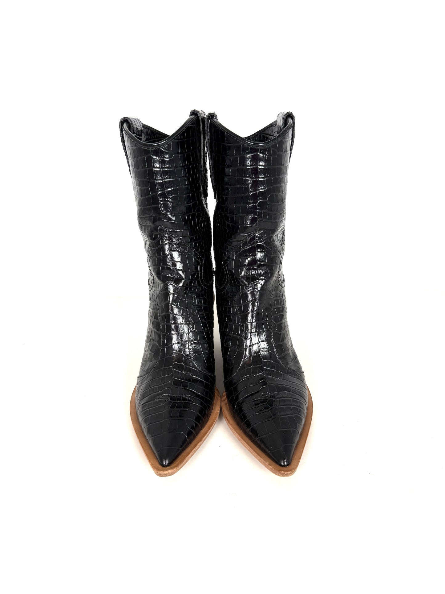 FENDI Black Animal Print Western Mid Calf Tronchetto Vitello Stampa Cocco Pointed Toe Boots 40, 9.5