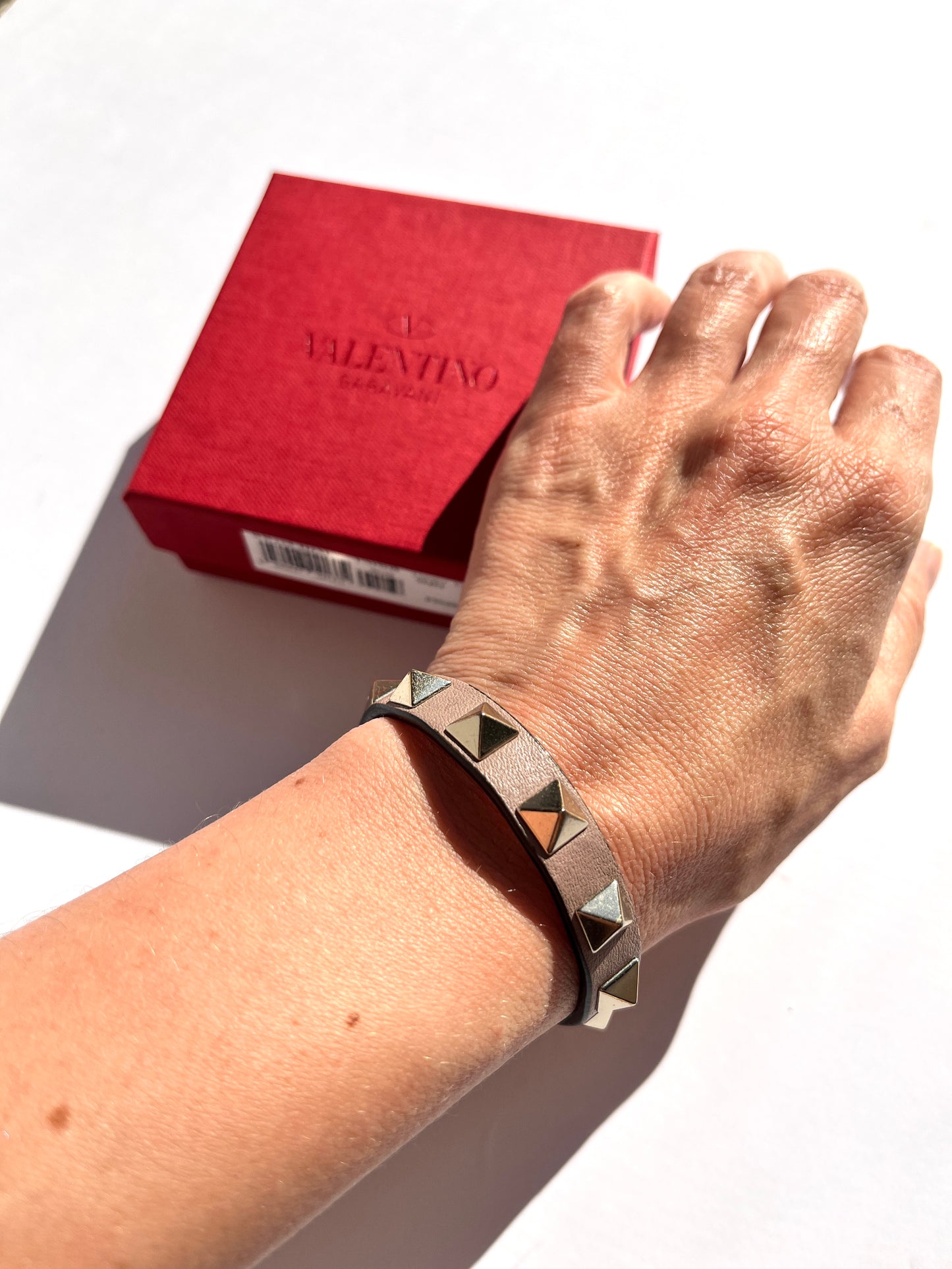 Valentino Poudre Beige Rockstud Leather Bracelet