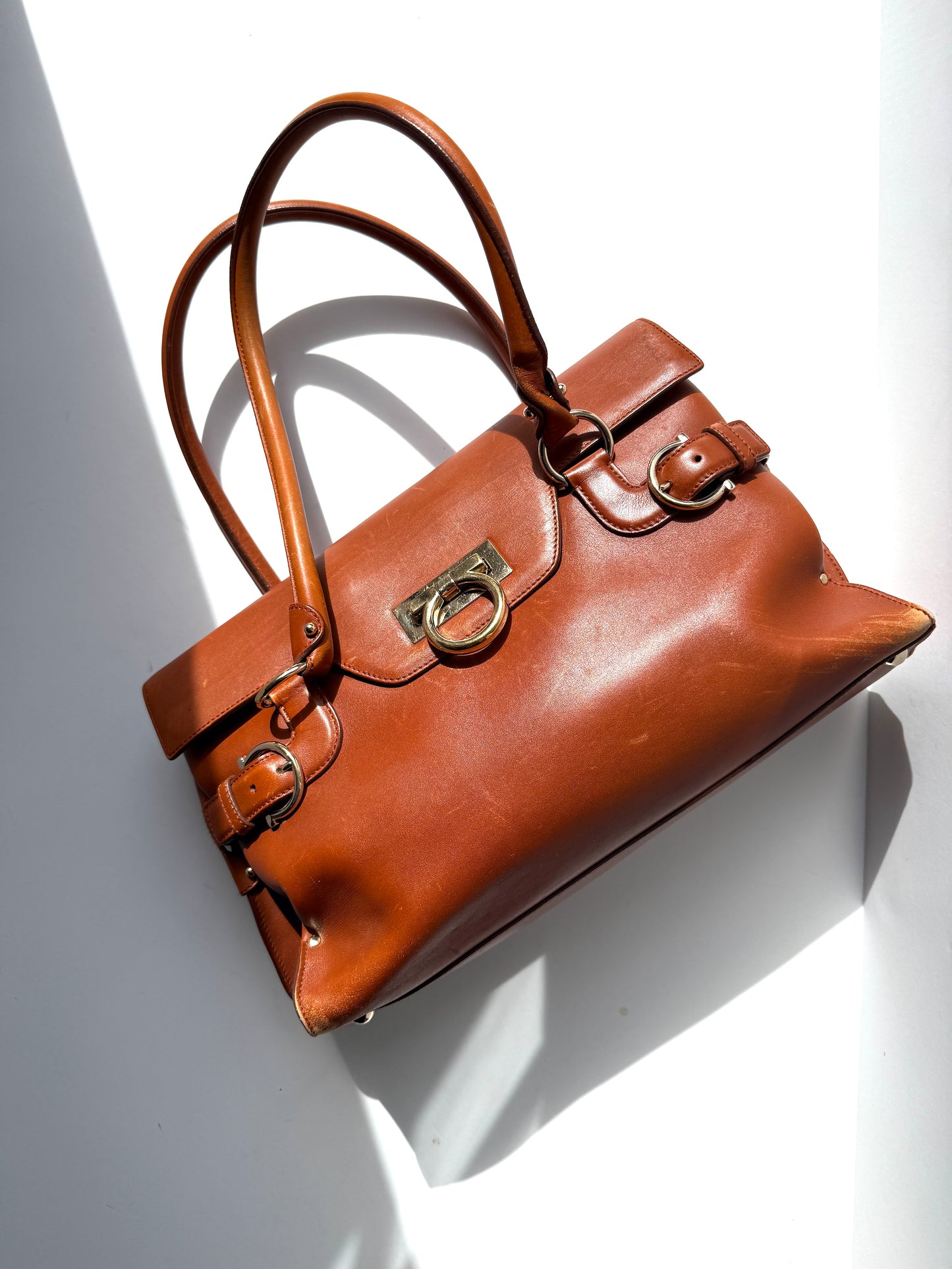 Salvatore Ferragamo Gancini Brown Leather Tote Shoulder Bag