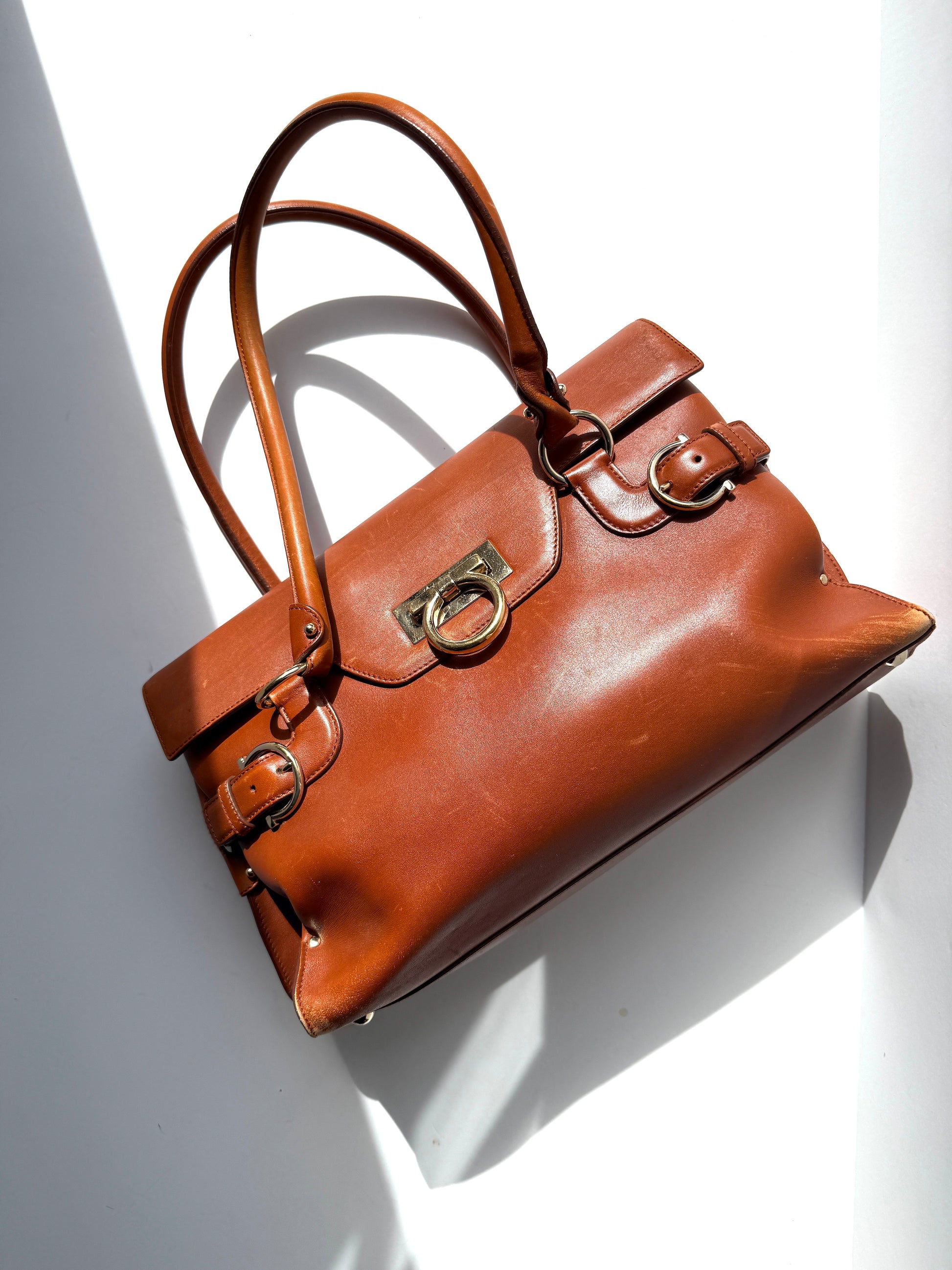 Salvatore Ferragamo Gancini Brown Leather Tote Shoulder Bag