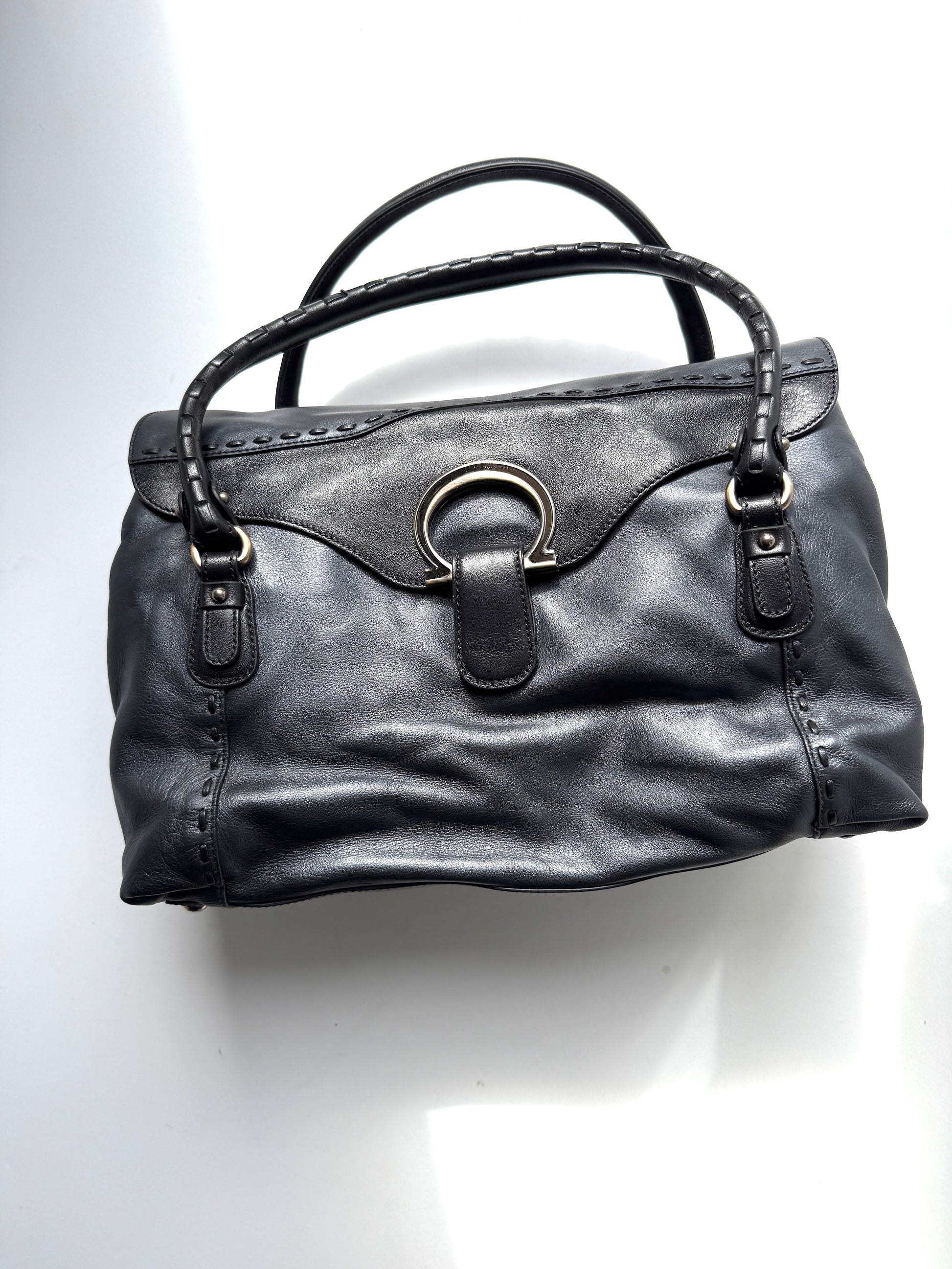 Salvatore Ferragamo Gancini Black Whipstitch Leather Top Handle Crossbody Tote Bag