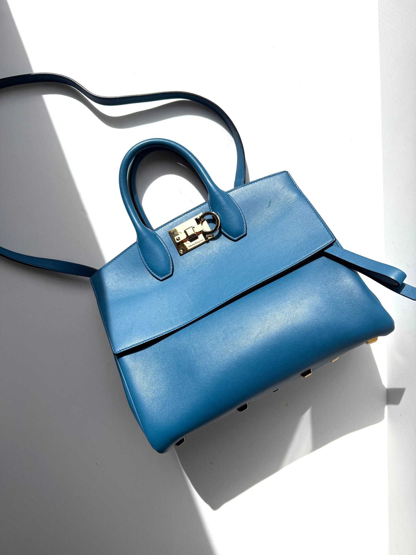 Salvatore Ferragamo Studio Gancini Blue Leather Top Handle Crossbody Tote Bag
