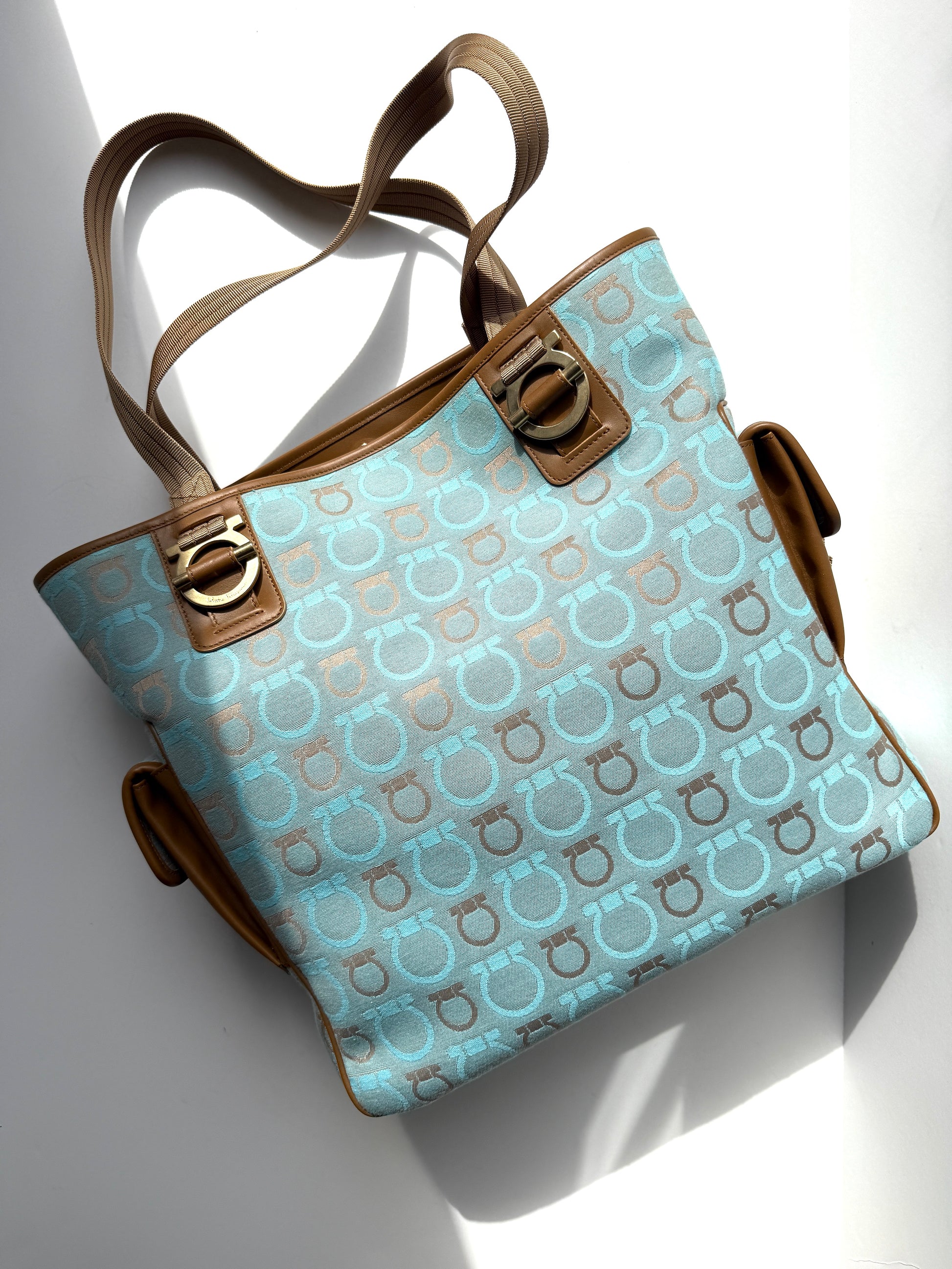 Salvatore Ferragamo Fabric Logo Gancini Blue Brown Tote Bag
