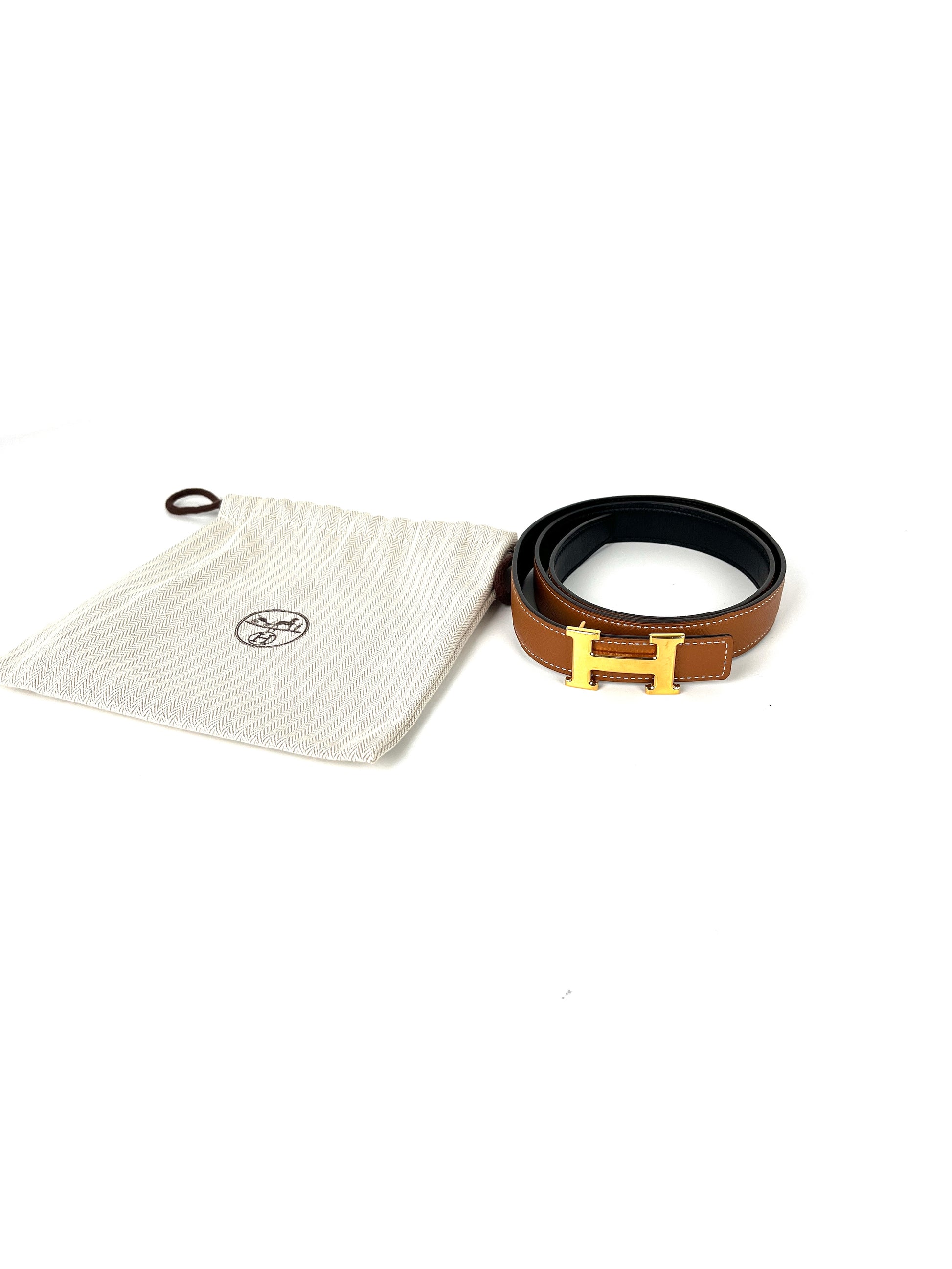 HERMES Mini H Reversible 24mm Gold Black Leather Belt Kit 85