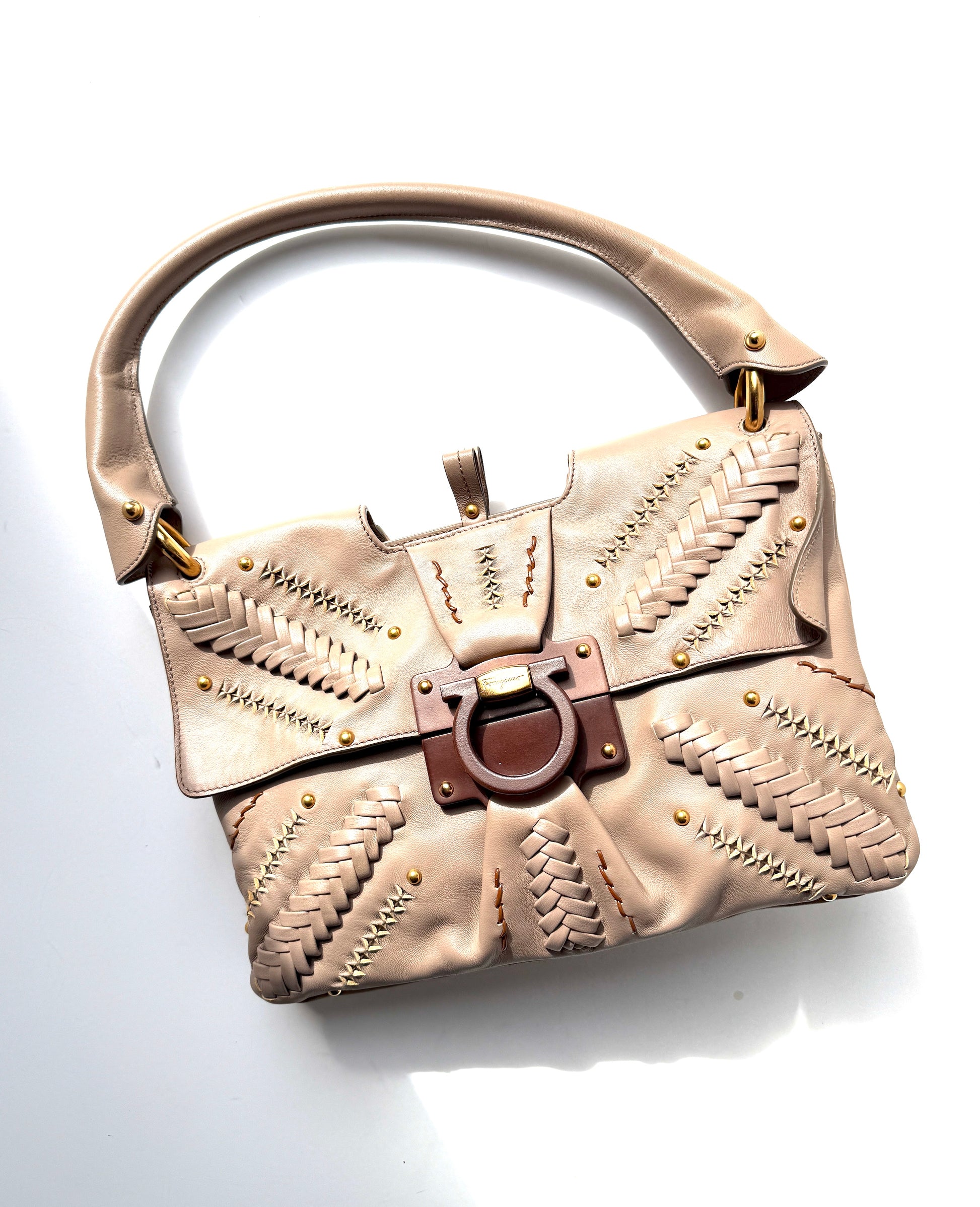 Salvatore Ferragamo Taupe Leather Whipstitch Shoulder Bag