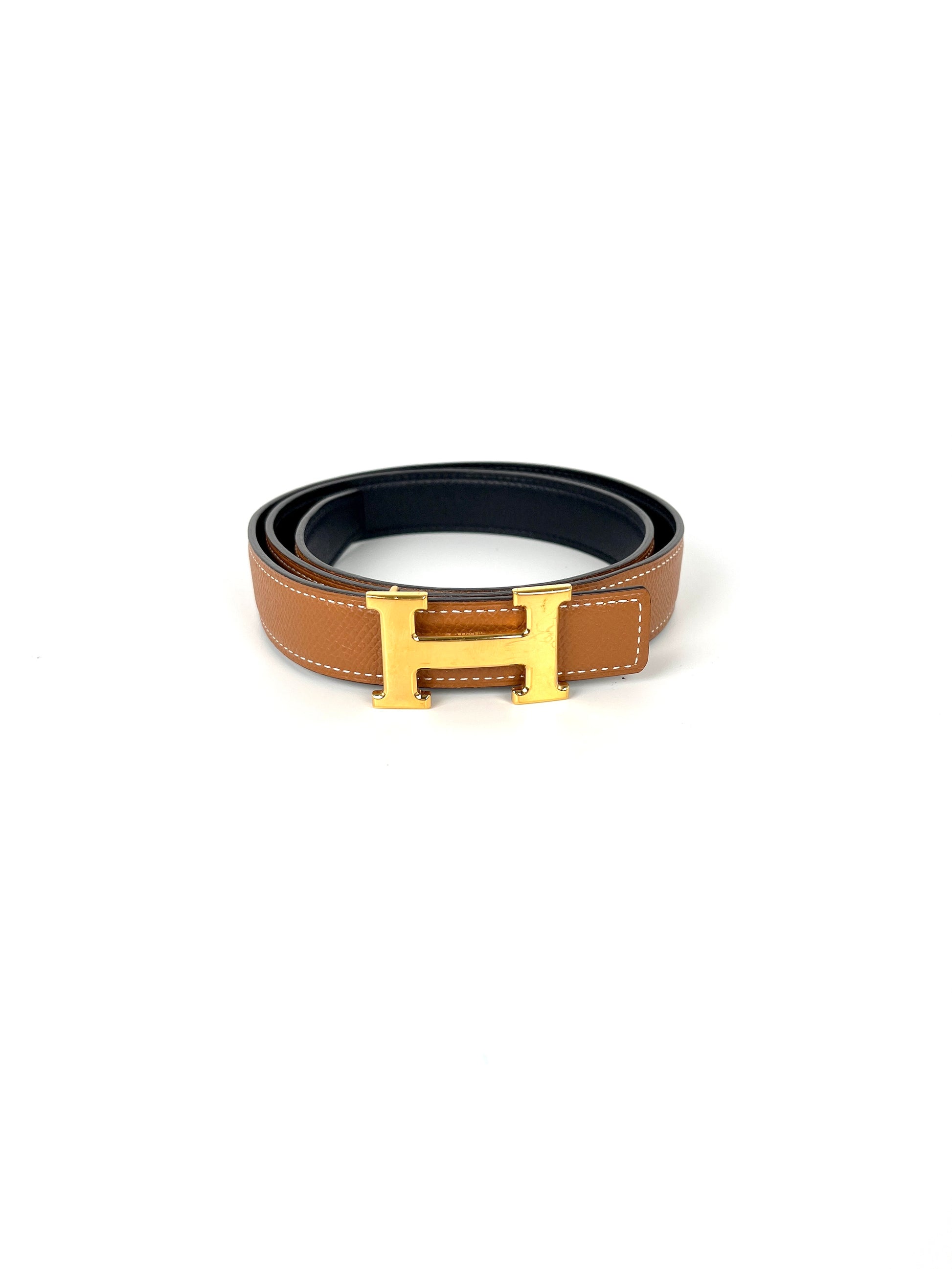 HERMES Mini H Reversible 24mm Gold Black Leather Belt Kit 85