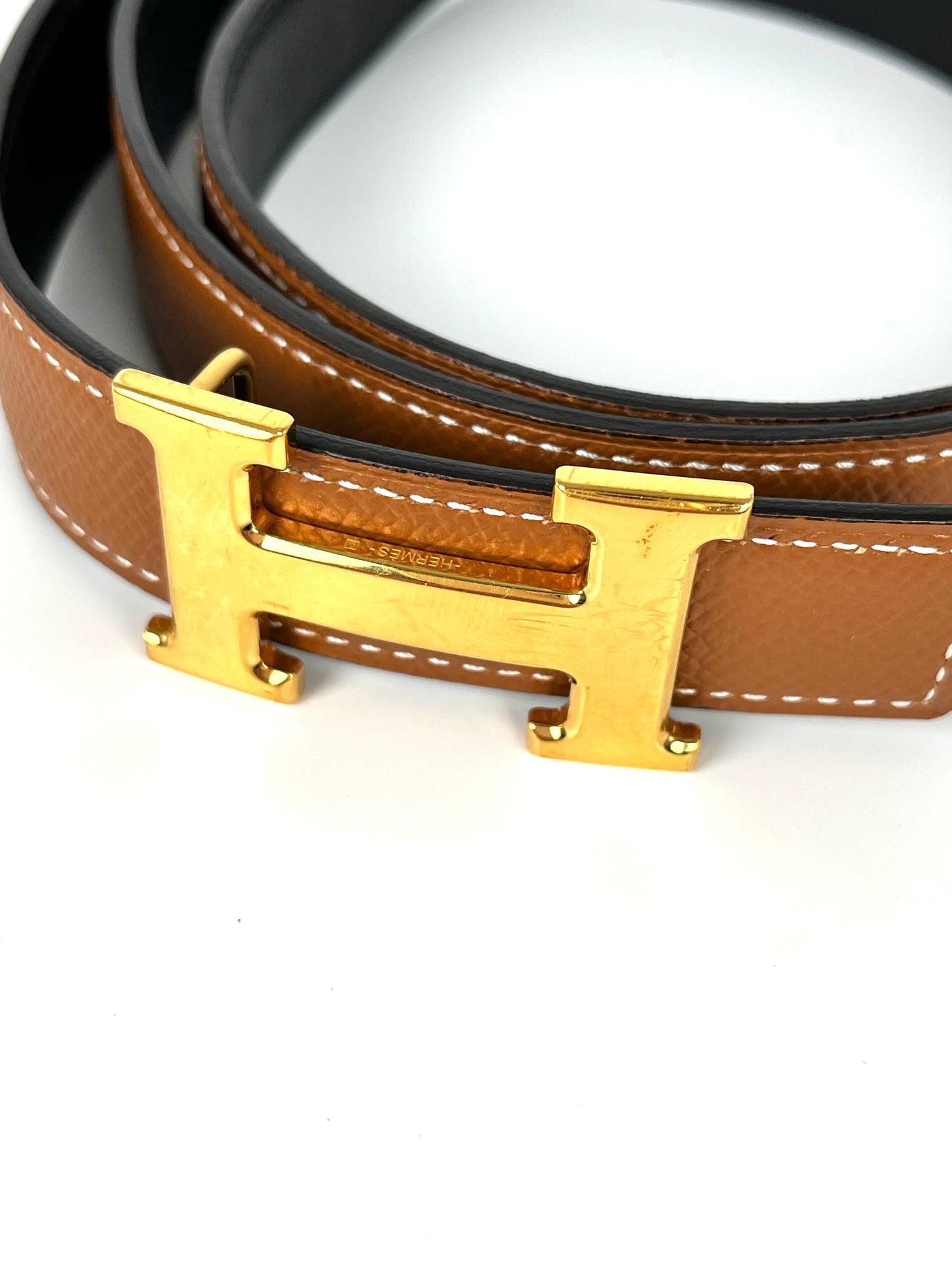 HERMES Mini H Reversible 24mm Gold Black Leather Belt Kit 85